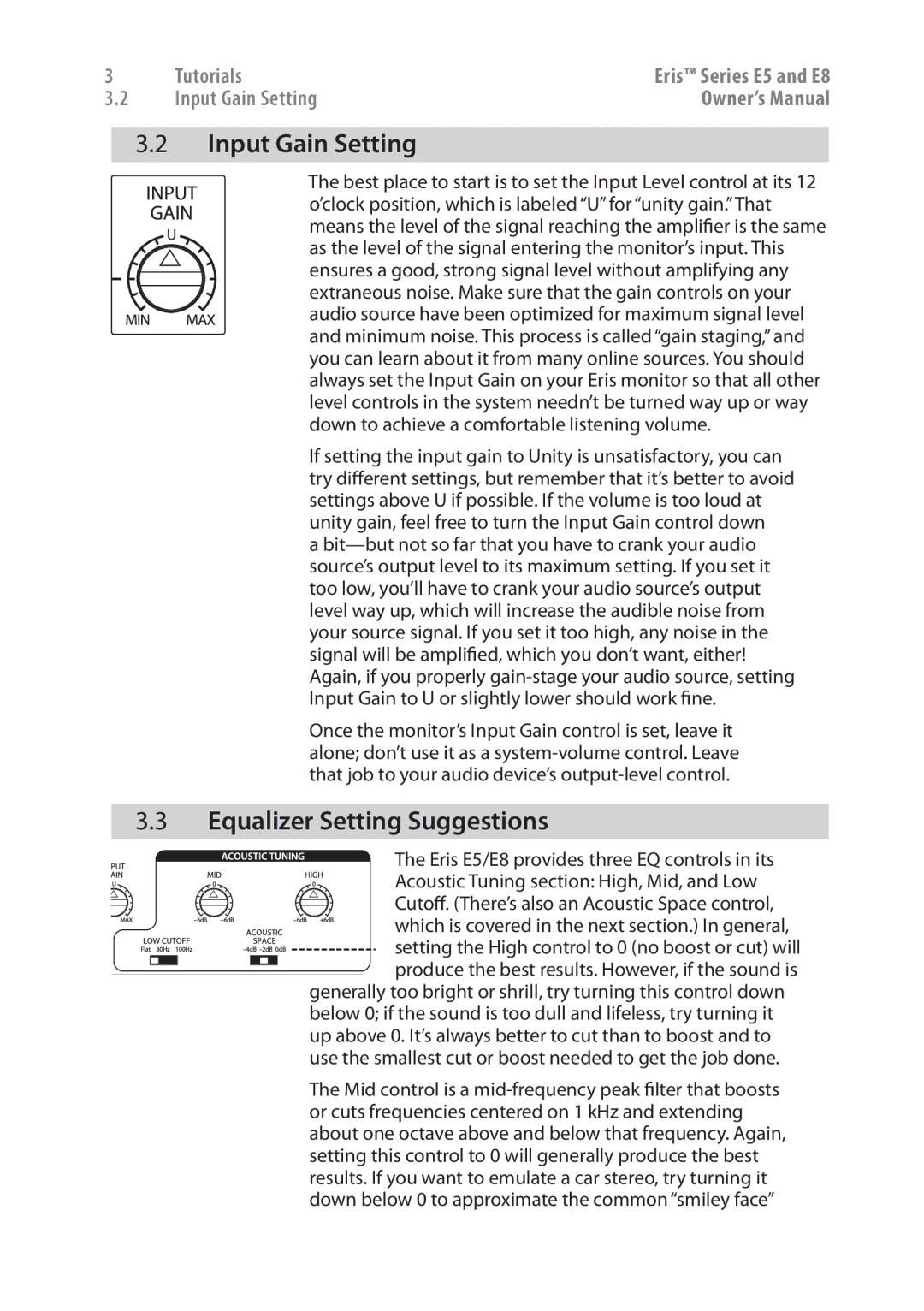 Presonus Audio electronic E8, E5 owner manual Input Gain Setting, Equalizer Setting Suggestions 