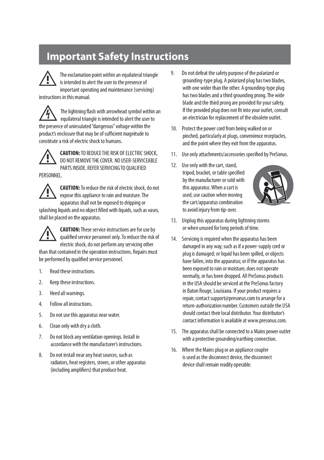 Presonus Audio electronic E8, E5 Important Safety Instructions, Parts INSIDE. Refer Servicing to Qualified Personnel 