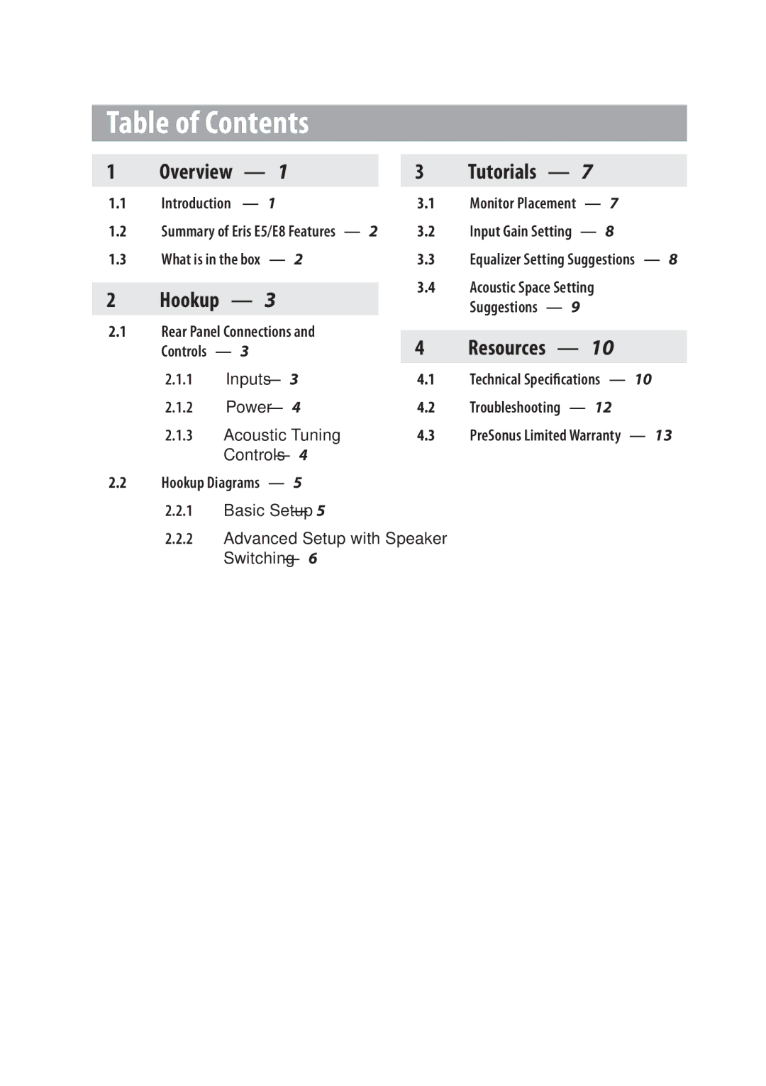 Presonus Audio electronic E8, E5 owner manual Table of Contents 