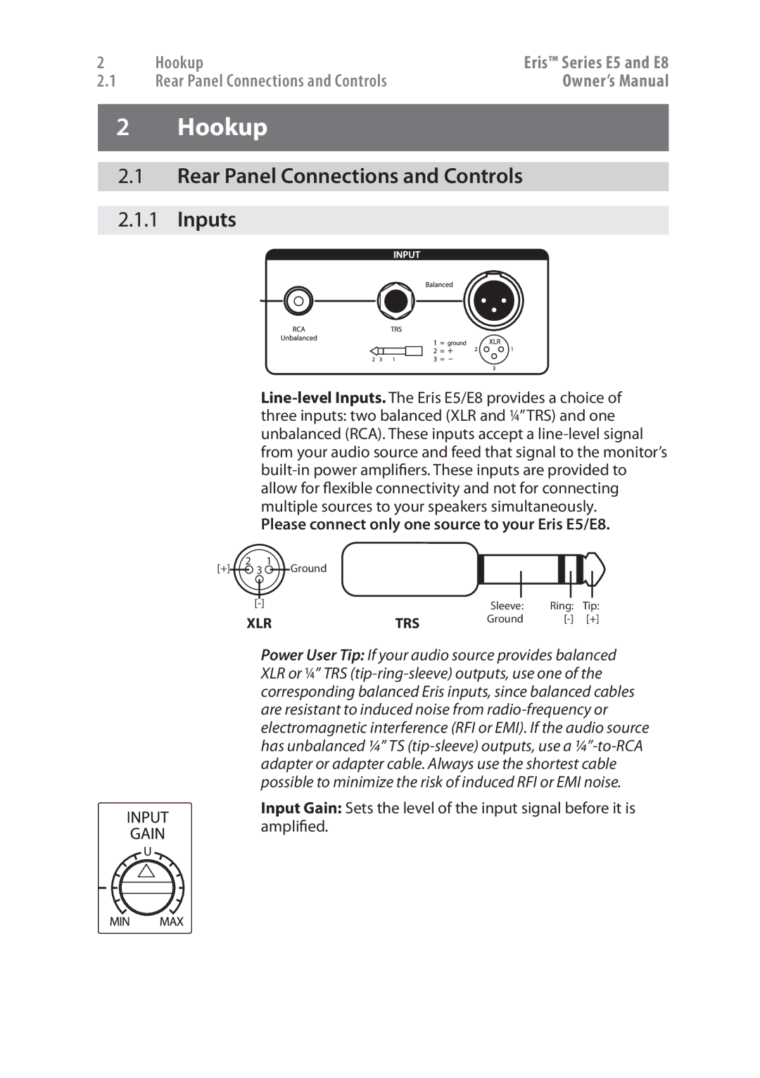 Presonus Audio electronic E5, E8 owner manual Hookup, Rear Panel Connections and Controls 