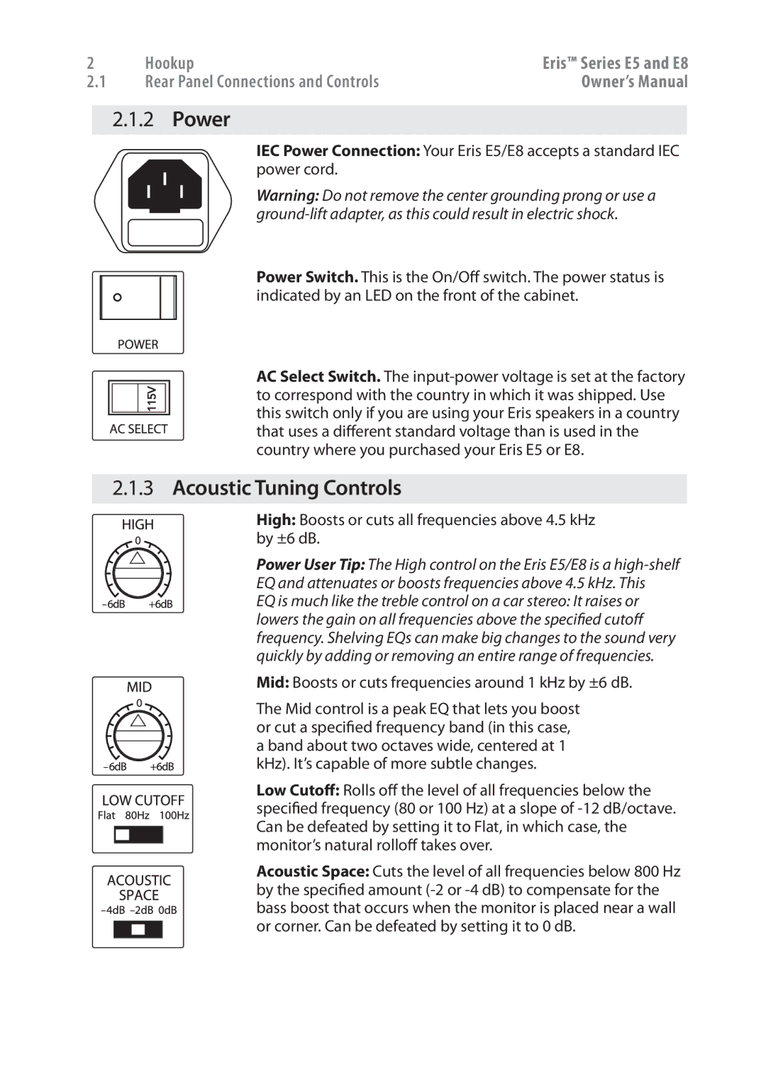 Presonus Audio electronic E8, E5 owner manual Power, Acoustic Tuning Controls 