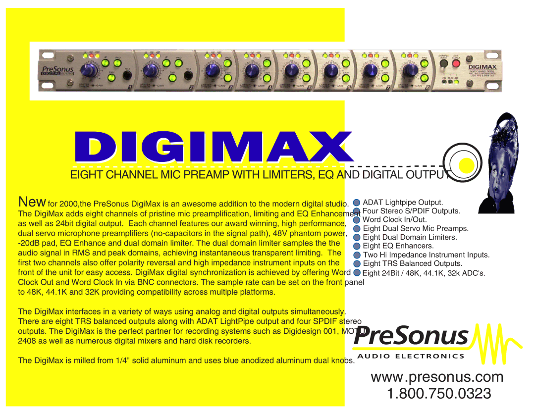 Presonus Audio electronic Eight Channel Mic Preamp manual Digimax 