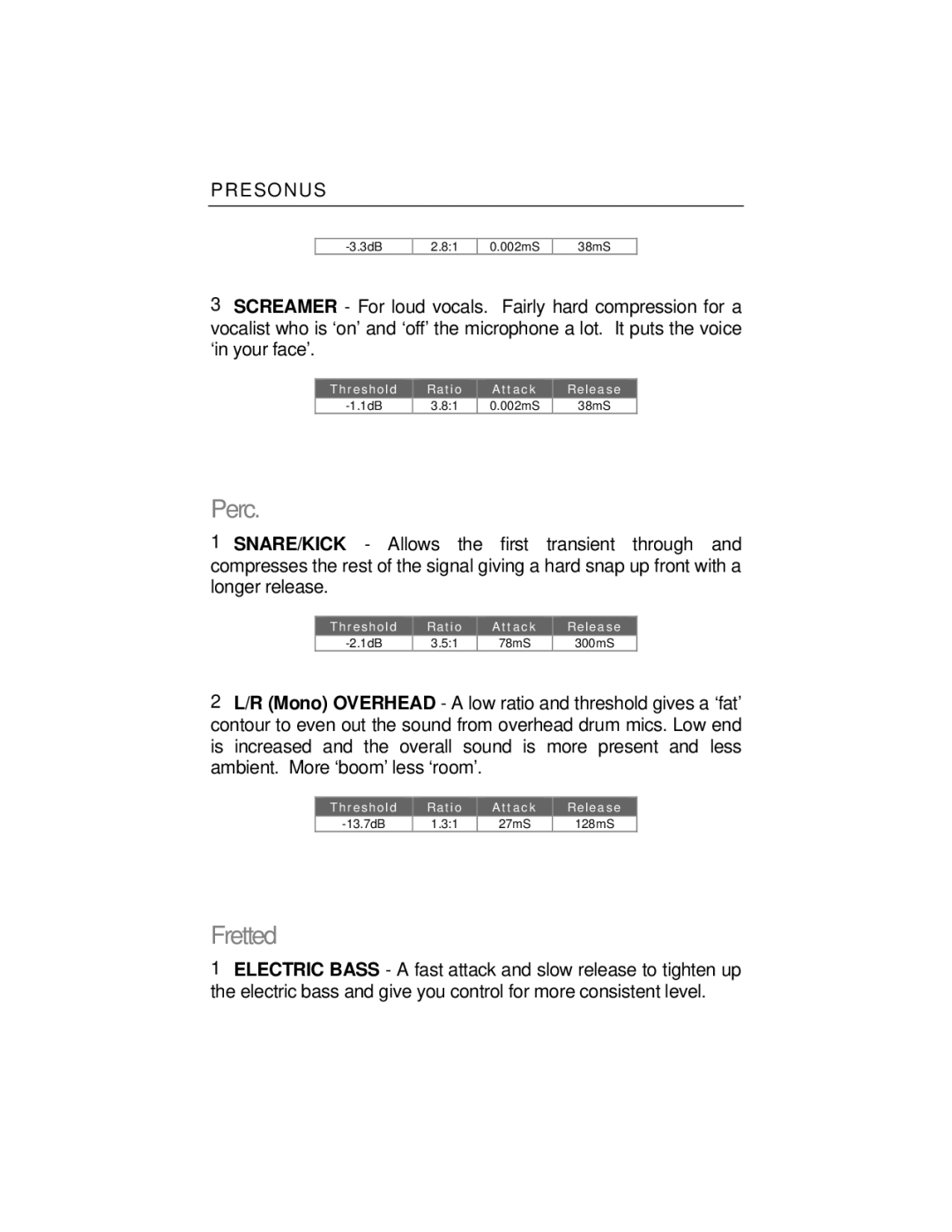 Presonus Audio electronic EQ3B, COMP16, HP4 user manual Perc, Fretted 