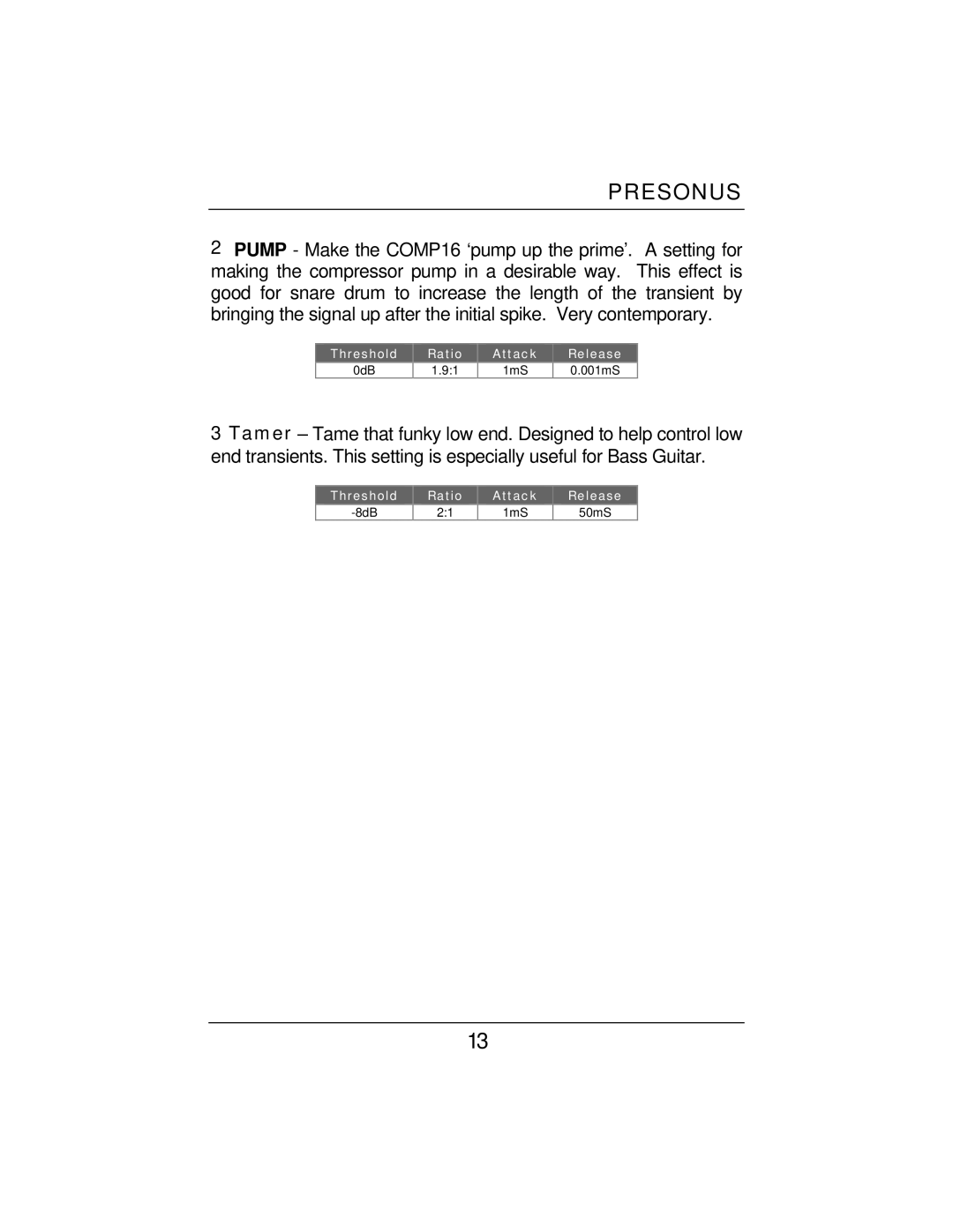 Presonus Audio electronic EQ3B, COMP16, HP4 user manual 1mS 50mS 