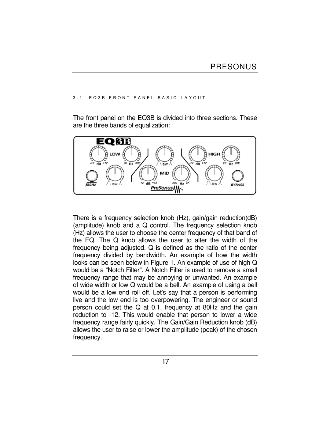 Presonus Audio electronic COMP16, EQ3B, HP4 user manual Q 3 B F R O N T P a N E L B a S I C L a Y O U T 