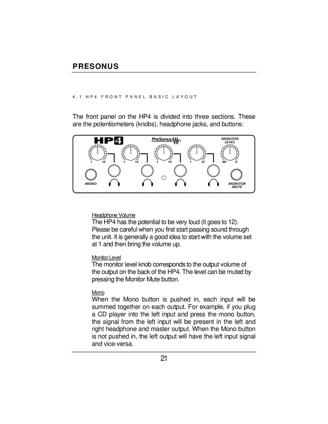 Presonus Audio electronic HP4, EQ3B, COMP16 user manual Headphone Volume 