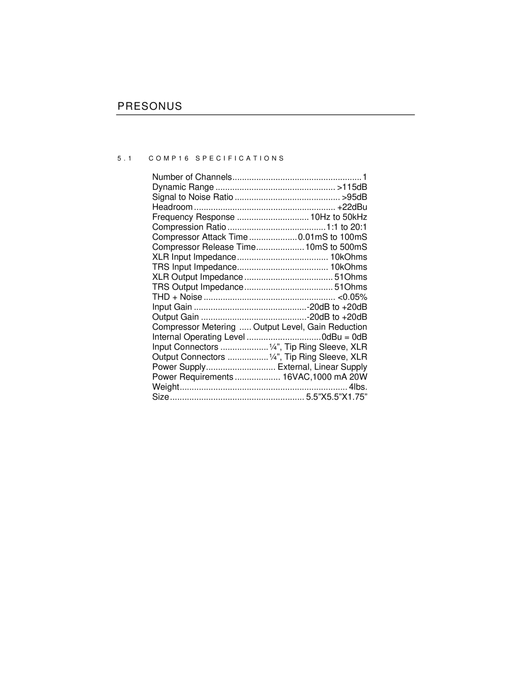 Presonus Audio electronic HP4, EQ3B, COMP16 user manual 115dB 