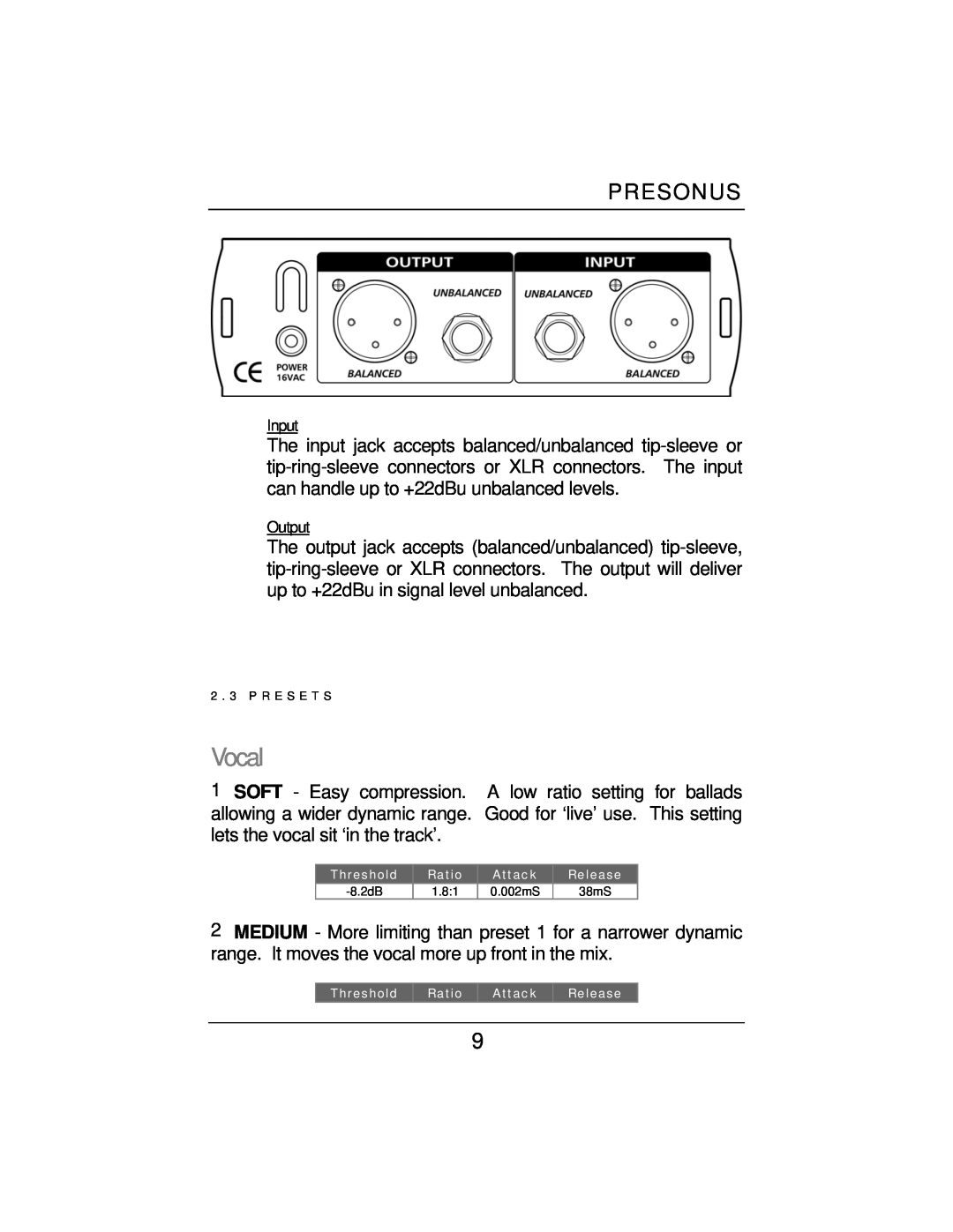 Presonus Audio electronic HP4, EQ3B, COMP16 user manual Vocal, Presonus, Input, Output 