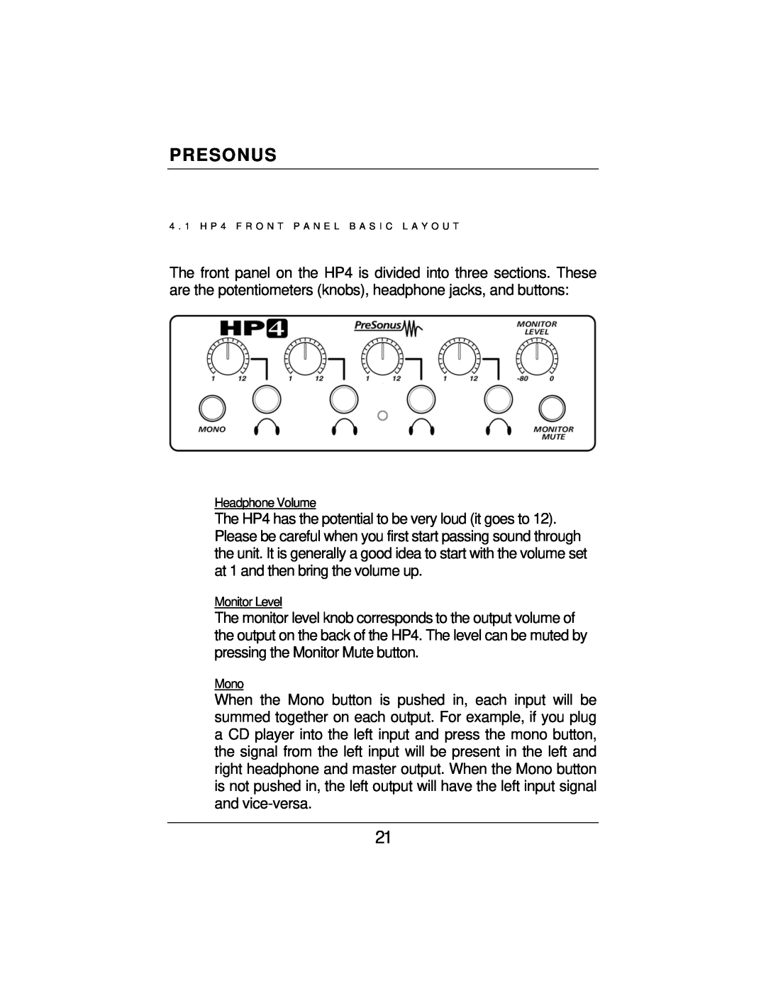 Presonus Audio electronic HP4, EQ3B, COMP16 user manual Presonus, Headphone Volume, Monitor Level, Mono 