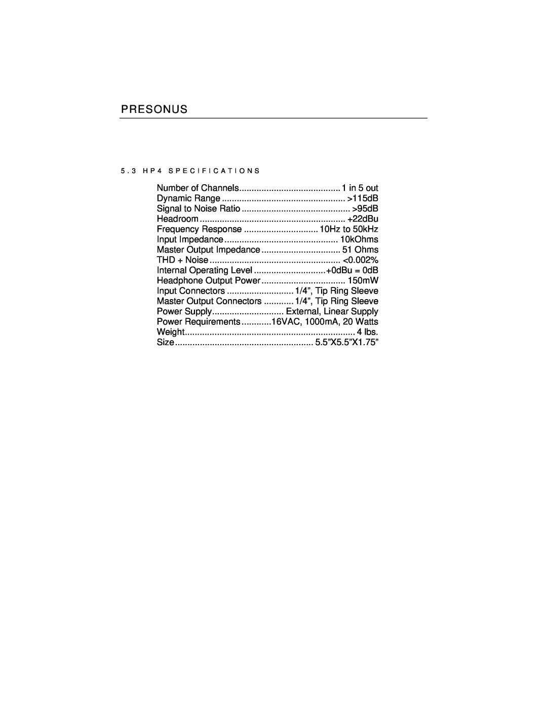 Presonus Audio electronic COMP16, EQ3B, HP4 user manual 1 in 5 out 
