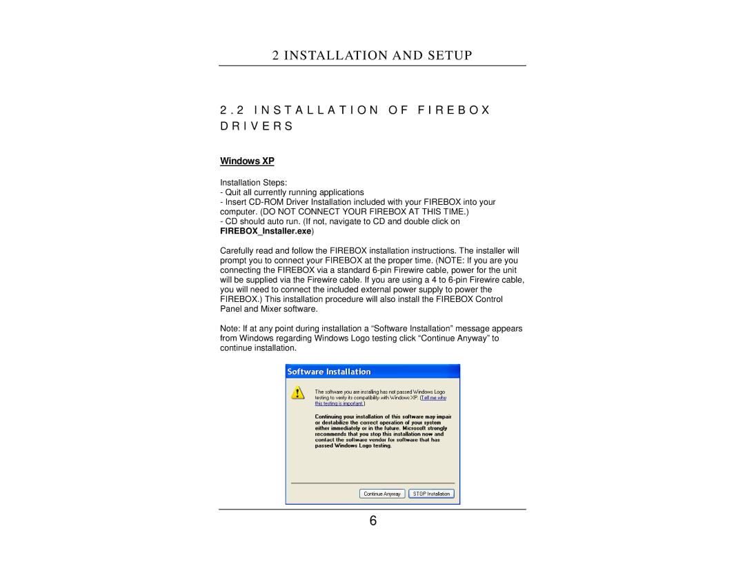 Presonus Audio electronic FIREBOX user manual Installation O F F I R E B O X D R I V E R S, Windows XP 