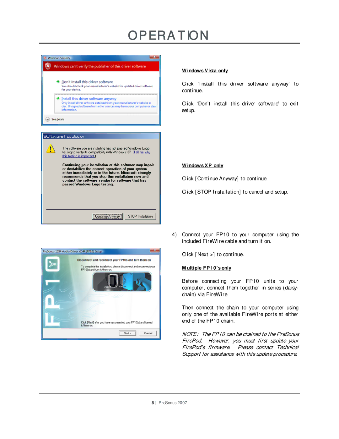 Presonus Audio electronic user manual Windows Vista only, Windows XP only, Multiple FP10’s only 