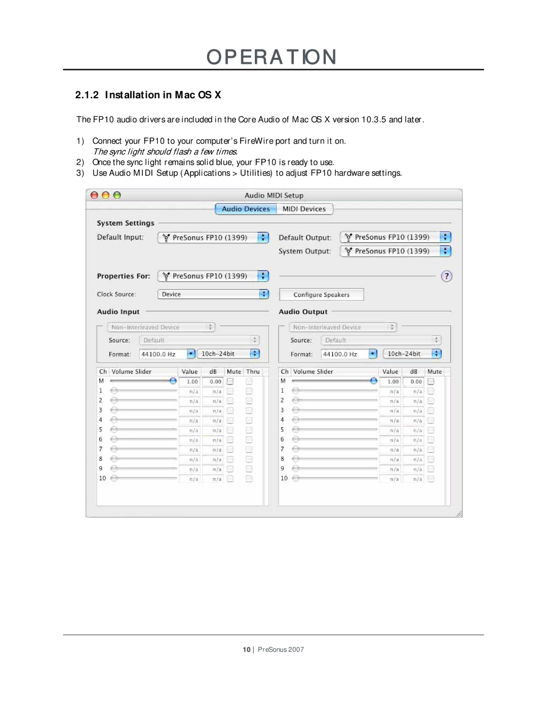 Presonus Audio electronic FP10 user manual Installation in Mac OS 