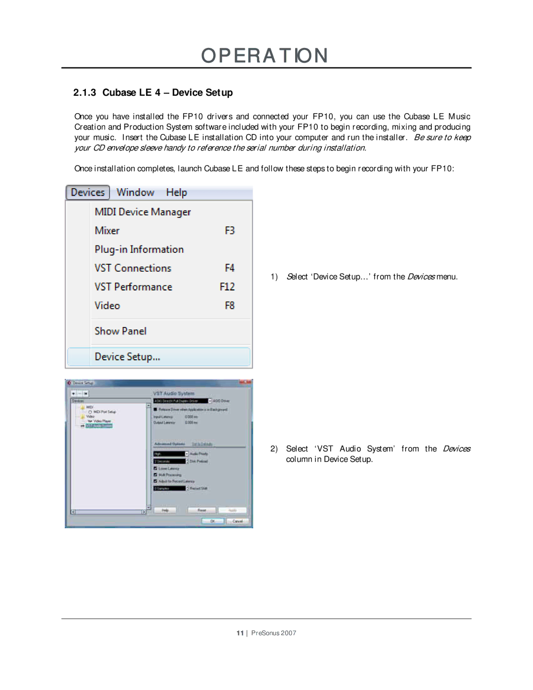 Presonus Audio electronic FP10 user manual Cubase LE 4 Device Setup 