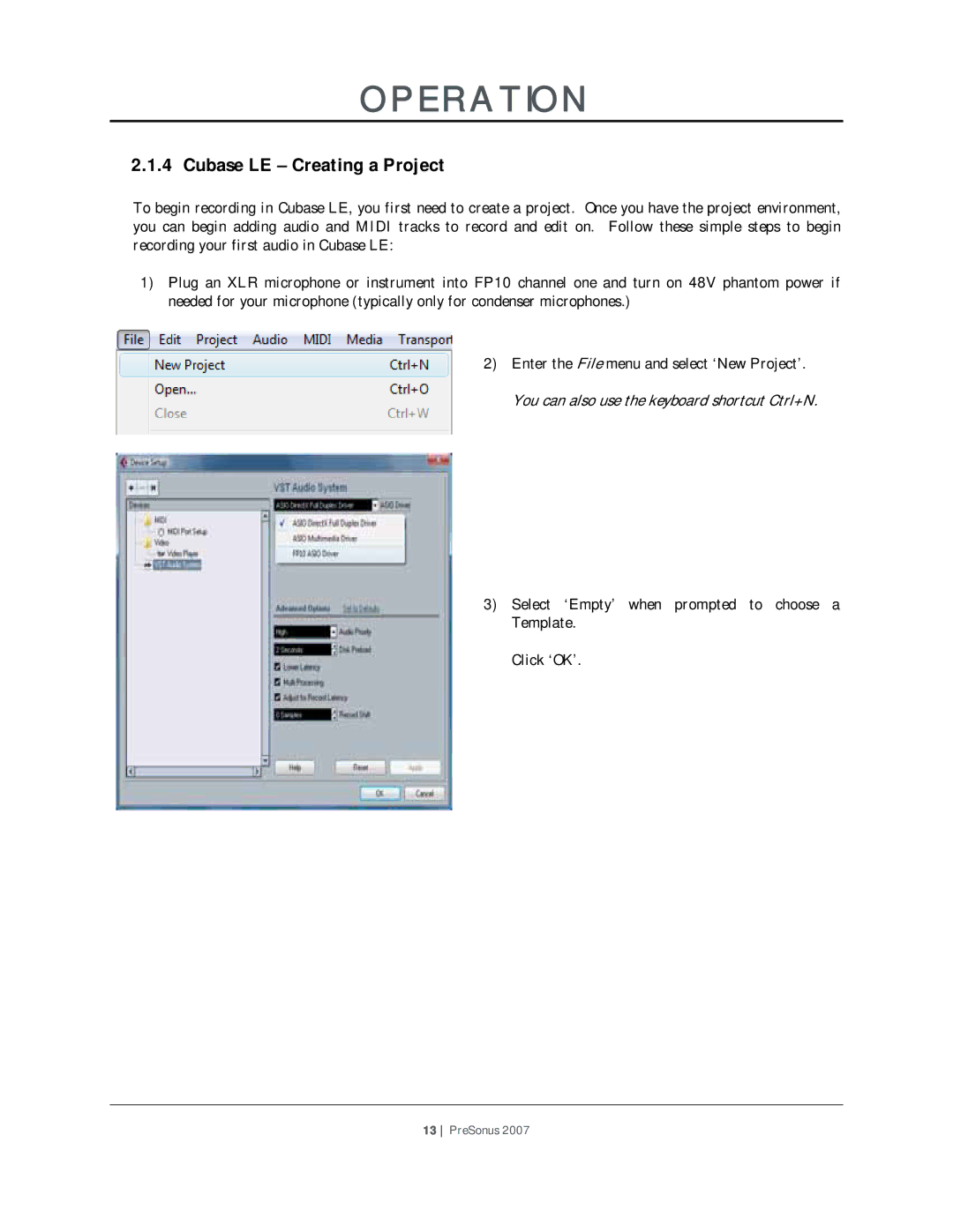 Presonus Audio electronic FP10 user manual Cubase LE Creating a Project 