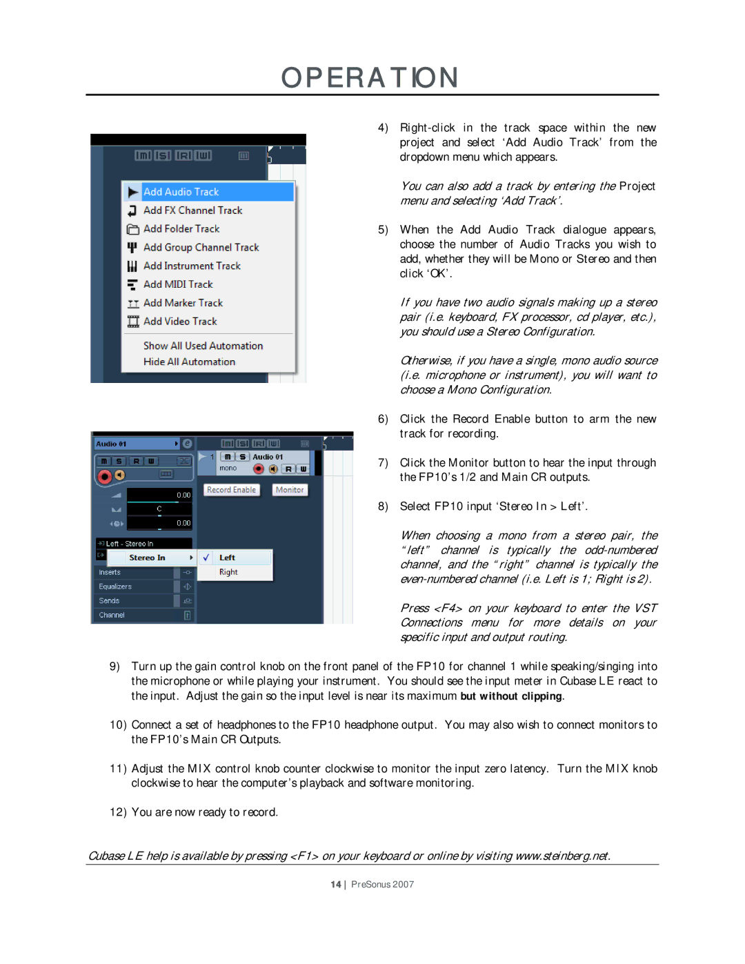 Presonus Audio electronic FP10 user manual Operation 