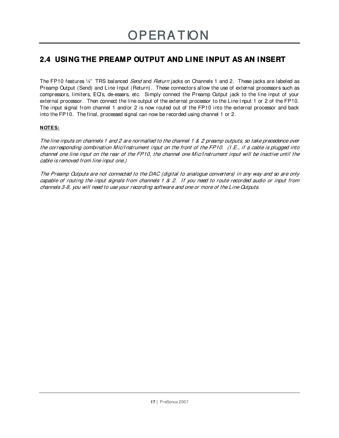 Presonus Audio electronic FP10 user manual Using the Preamp Output and Line Input AS AN Insert 