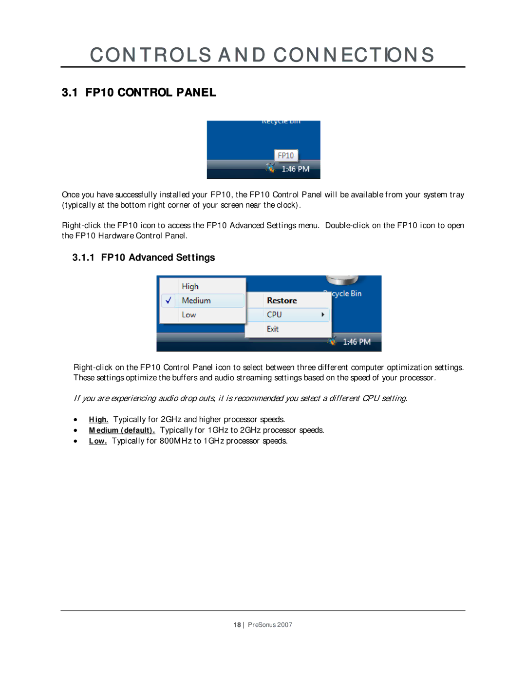 Presonus Audio electronic user manual Controls and Connections, FP10 Control Panel, 1 FP10 Advanced Settings 