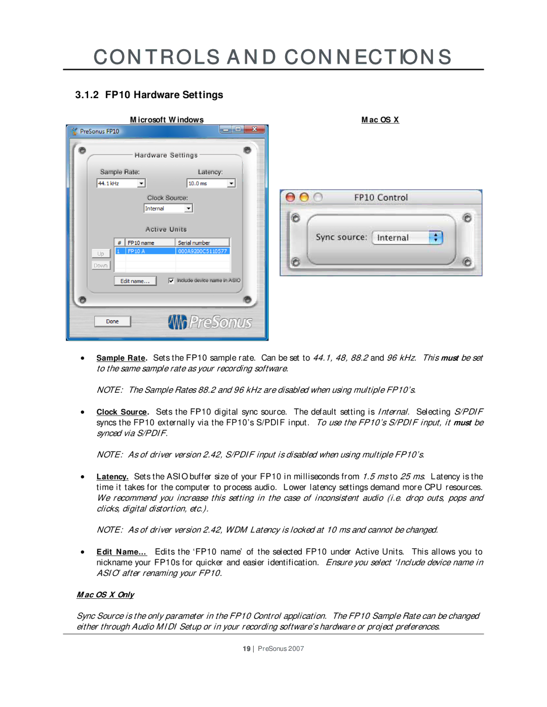 Presonus Audio electronic user manual 2 FP10 Hardware Settings, Microsoft Windows 