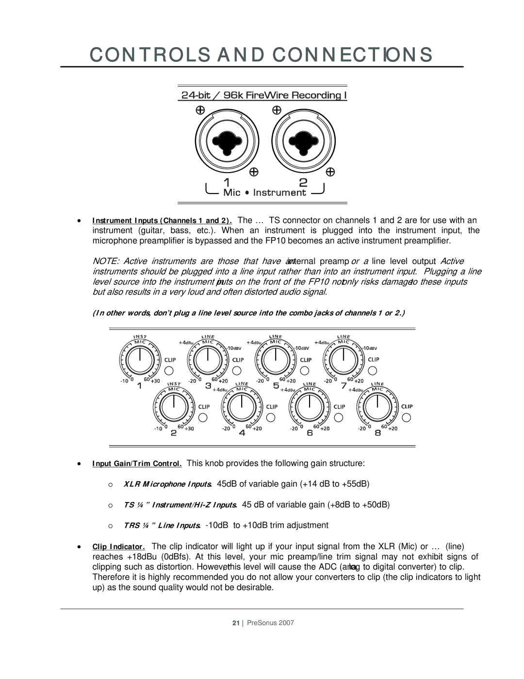 Presonus Audio electronic FP10 user manual Controls and Connections 