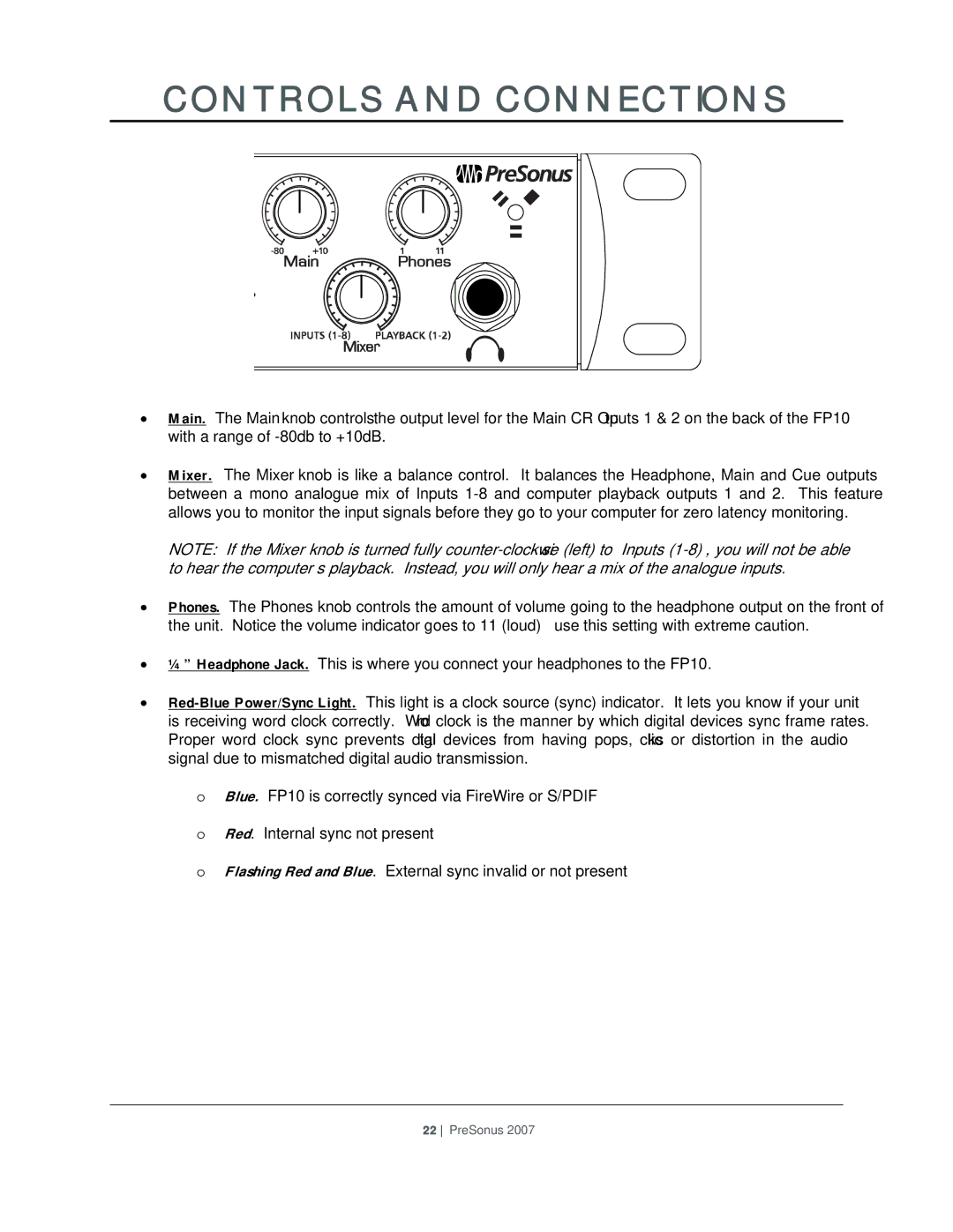 Presonus Audio electronic FP10 user manual Controls and Connections 