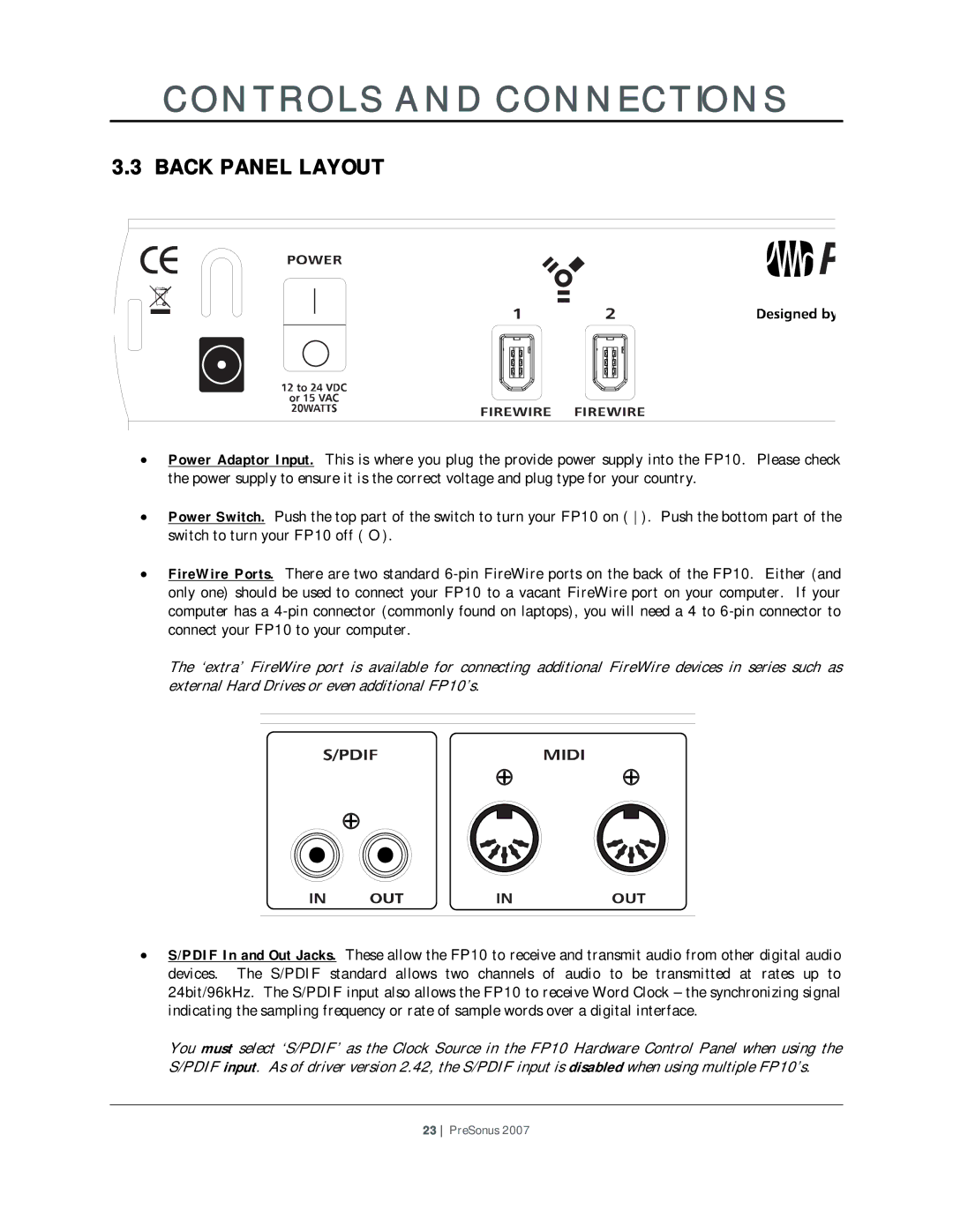 Presonus Audio electronic FP10 user manual Back Panel Layout 