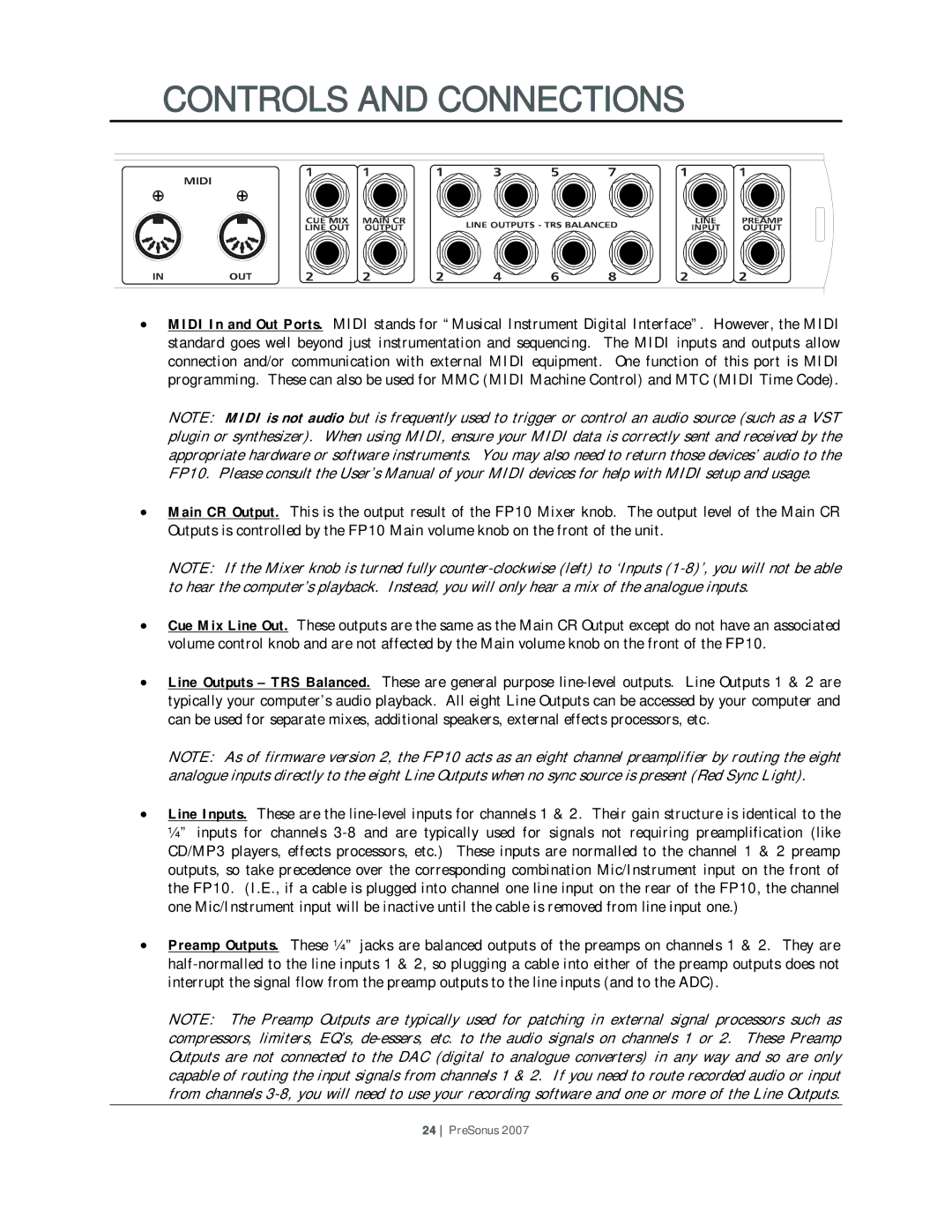 Presonus Audio electronic FP10 user manual Controls and Connections 