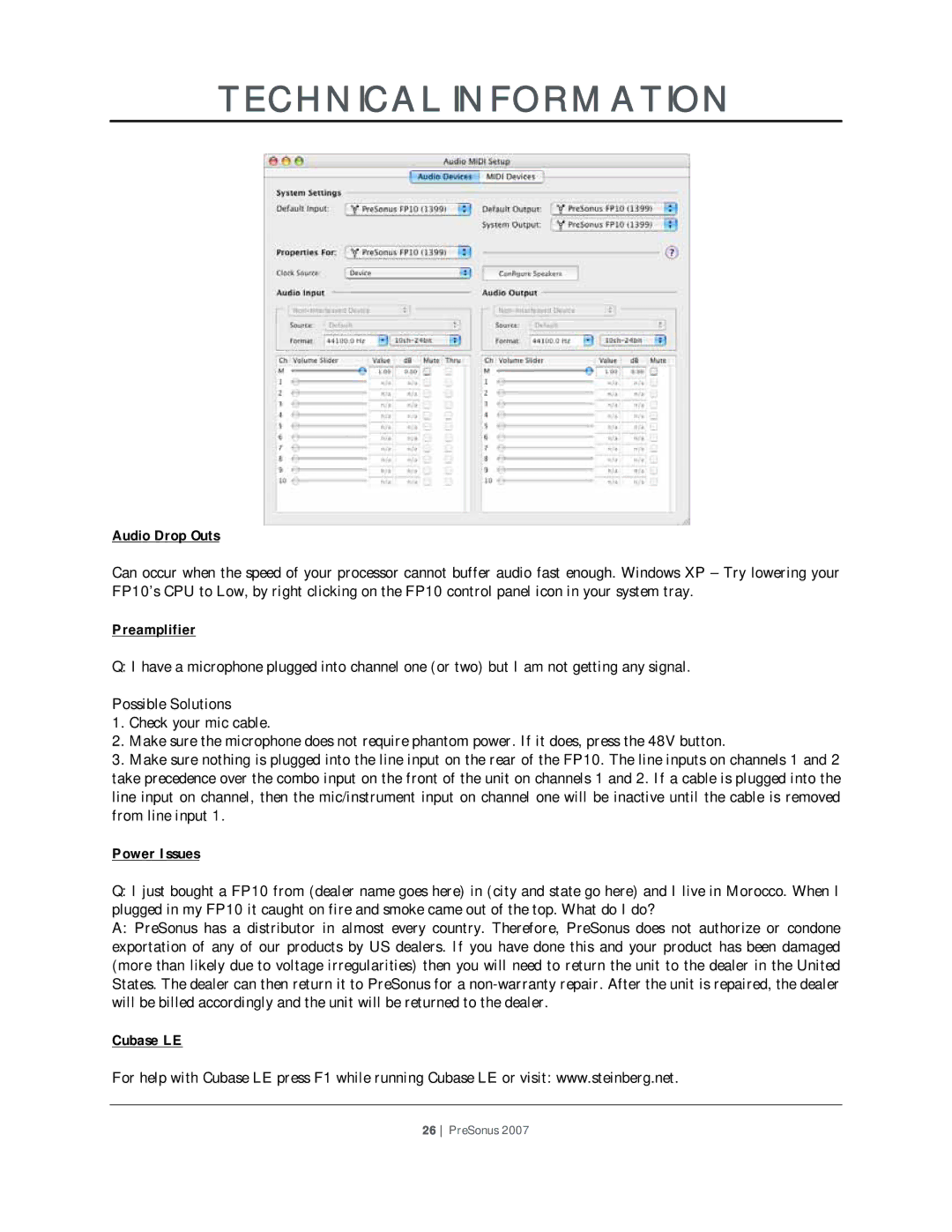 Presonus Audio electronic FP10 user manual Audio Drop Outs, Preamplifier, Power Issues, Cubase LE 