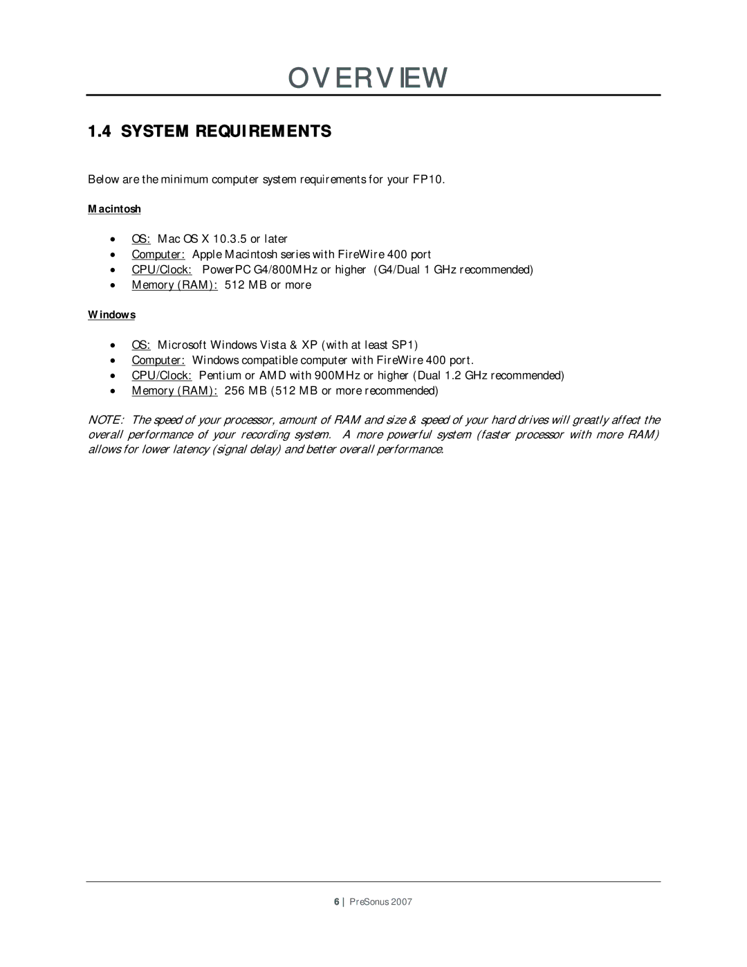 Presonus Audio electronic FP10 user manual System Requirements, Macintosh, Windows 