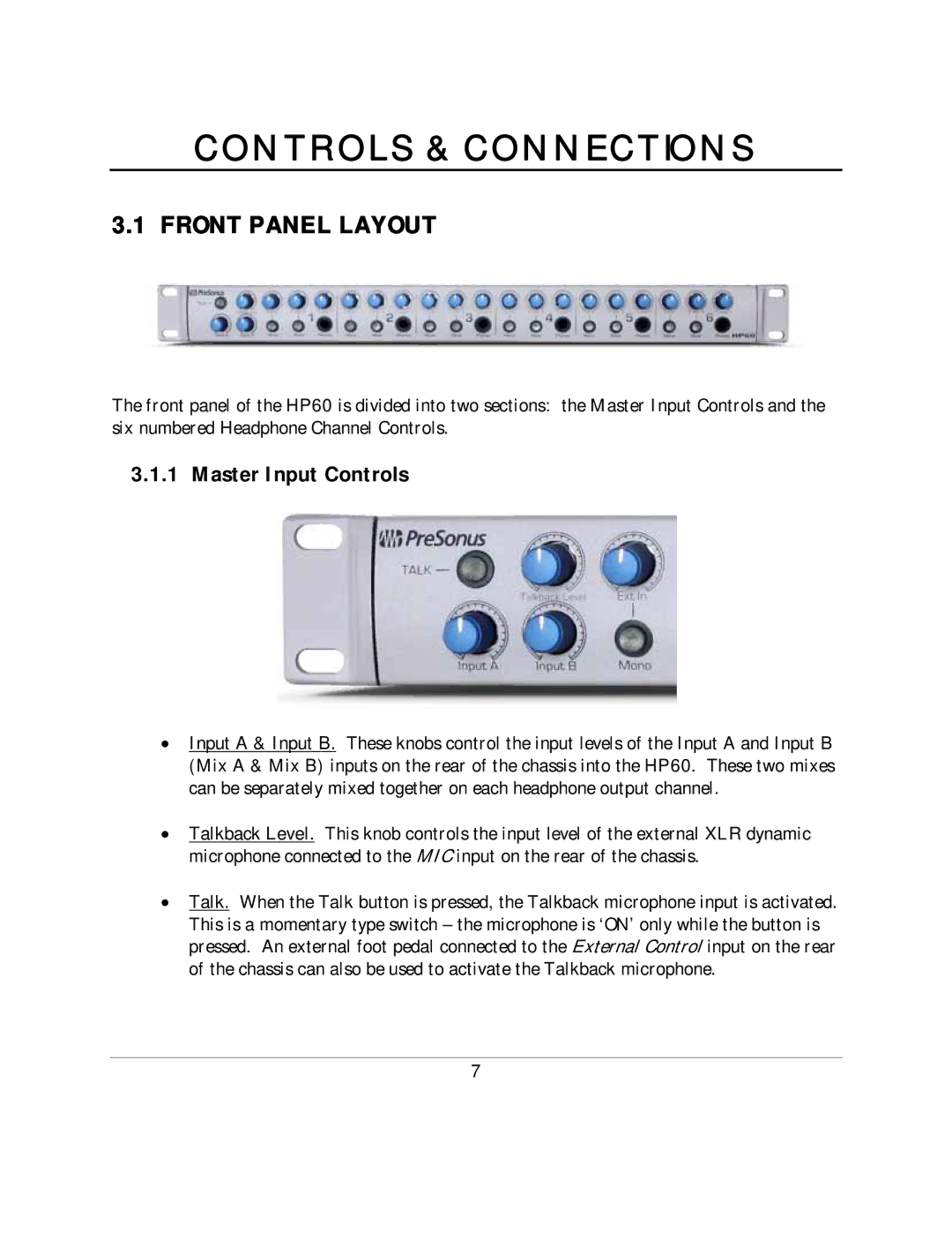 Presonus Audio electronic HP60 manual Controls & Connections, Front Panel Layout, Master Input Controls 