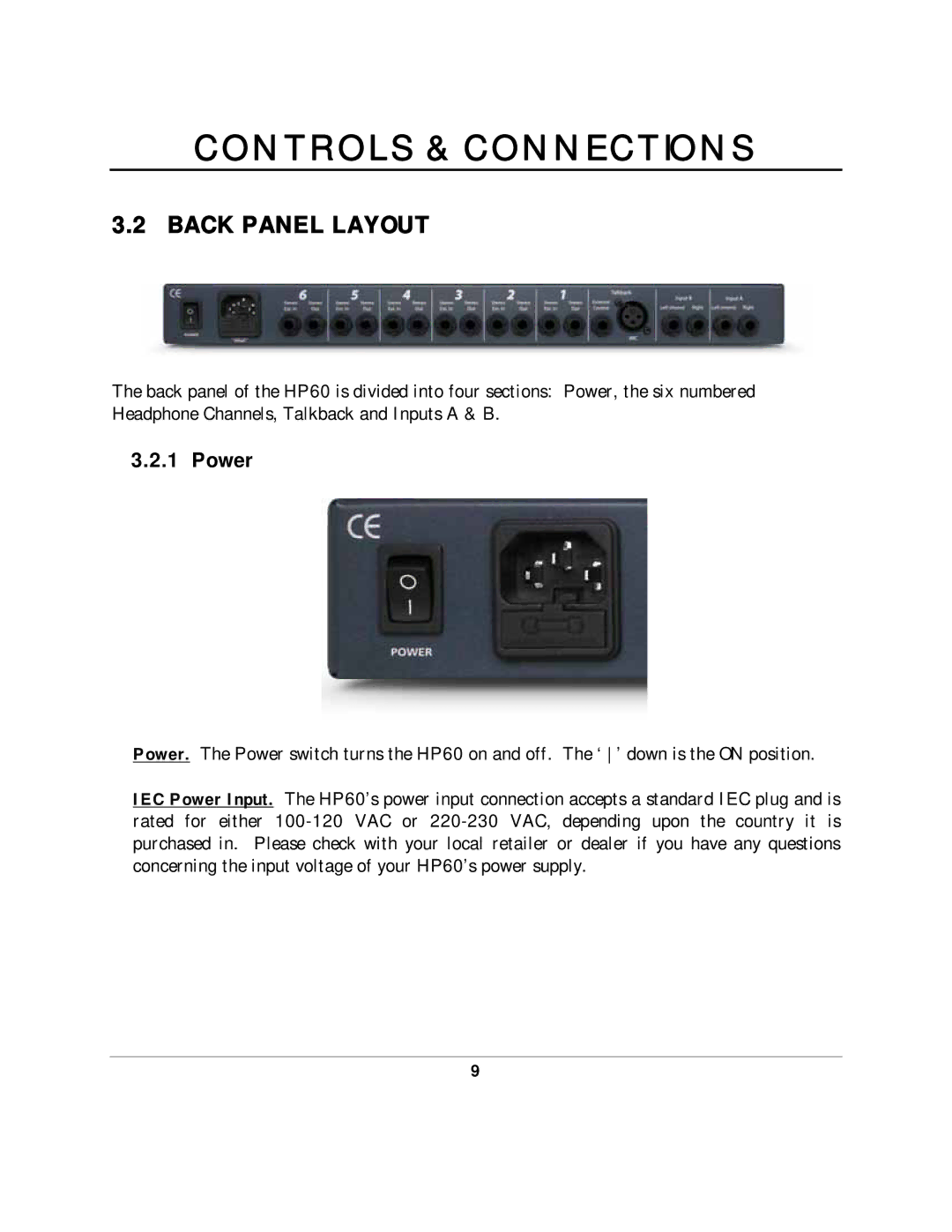 Presonus Audio electronic HP60 manual Back Panel Layout, Power 