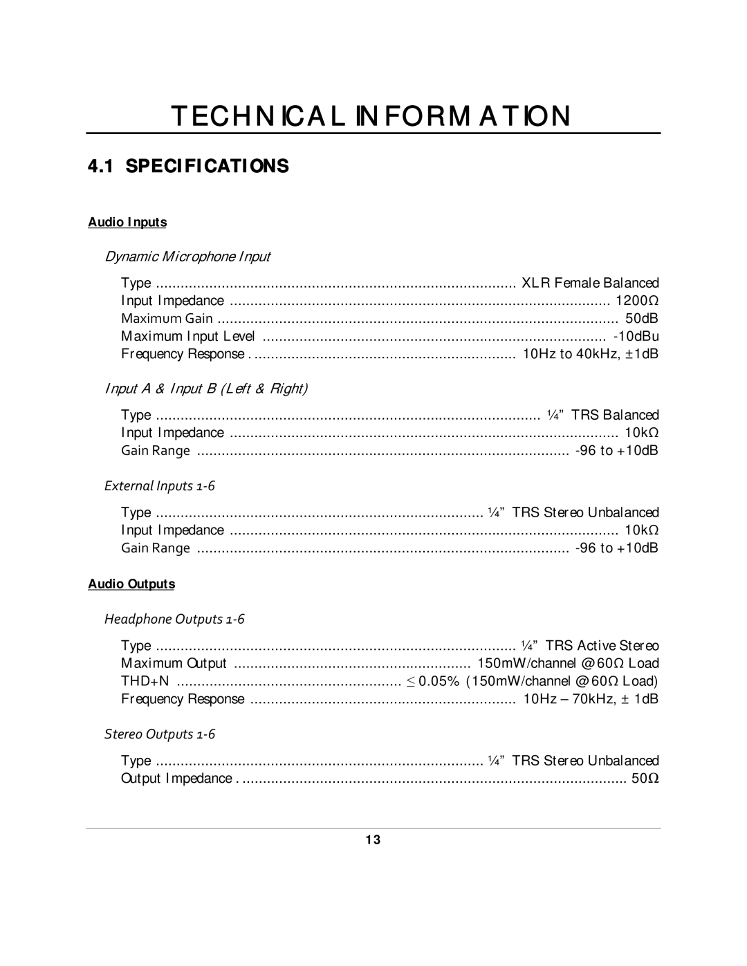 Presonus Audio electronic HP60 manual Technical Information, Specifications 