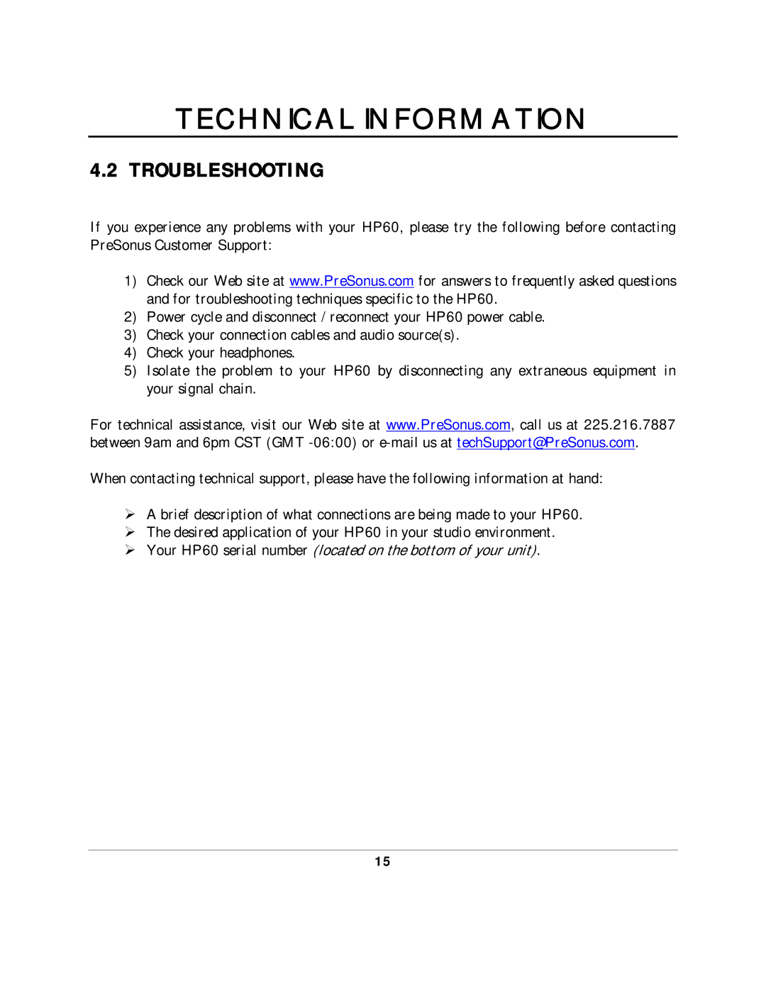 Presonus Audio electronic HP60 manual Troubleshooting 