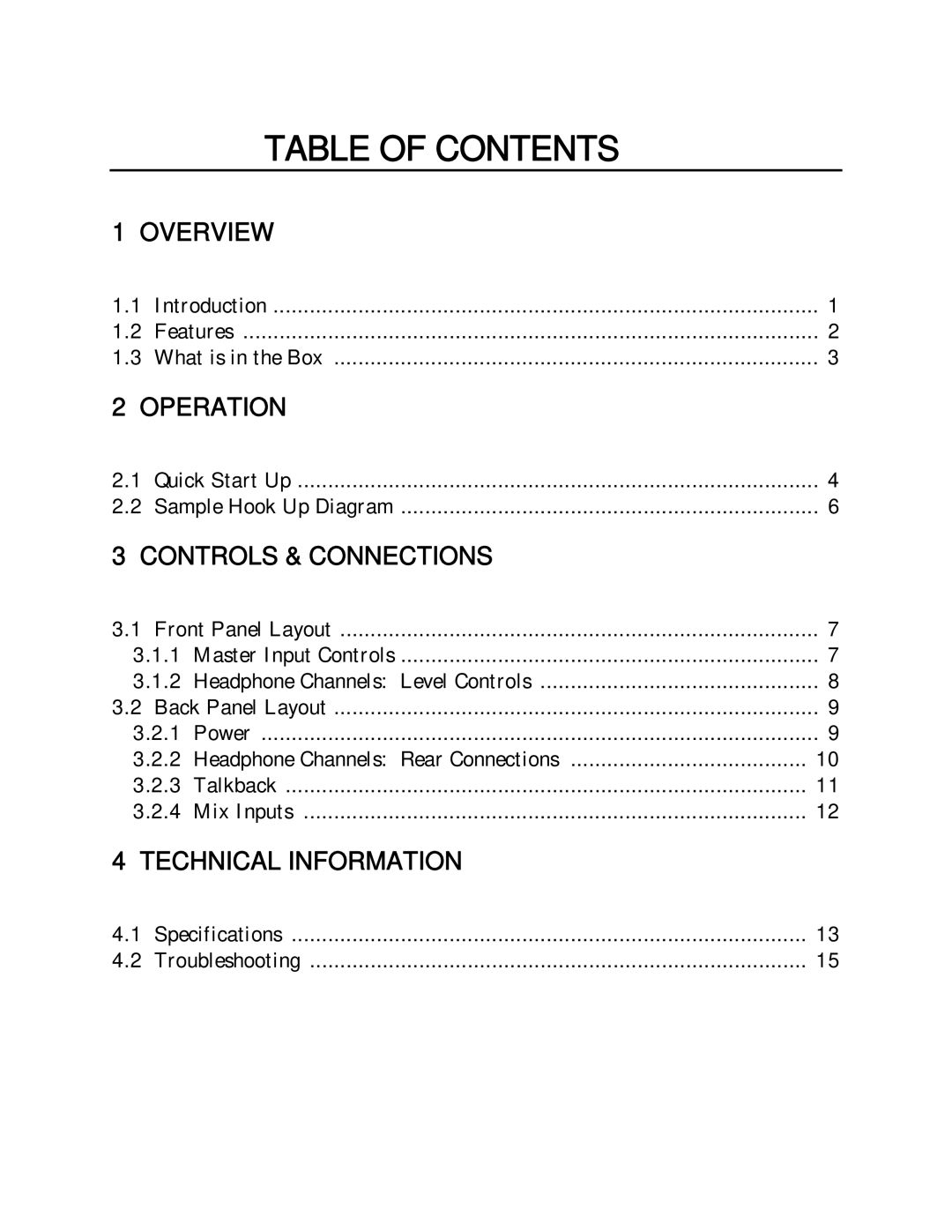 Presonus Audio electronic HP60 manual Table of Contents 