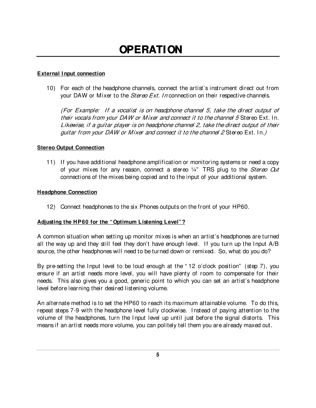 Presonus Audio electronic HP60 manual External Input connection, Stereo Output Connection, Headphone Connection 