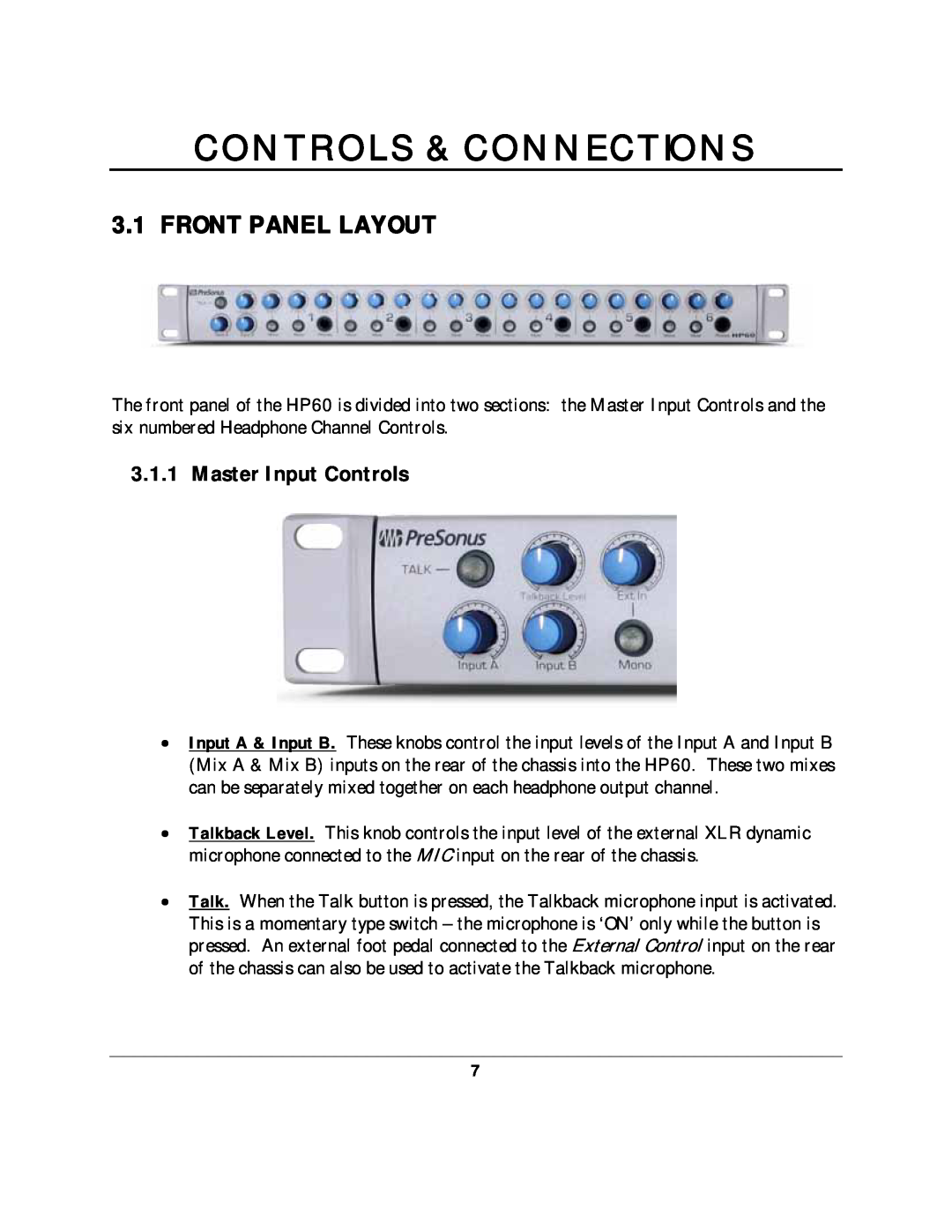 Presonus Audio electronic HP60 manual Controls & Connections, Front Panel Layout, Master Input Controls 