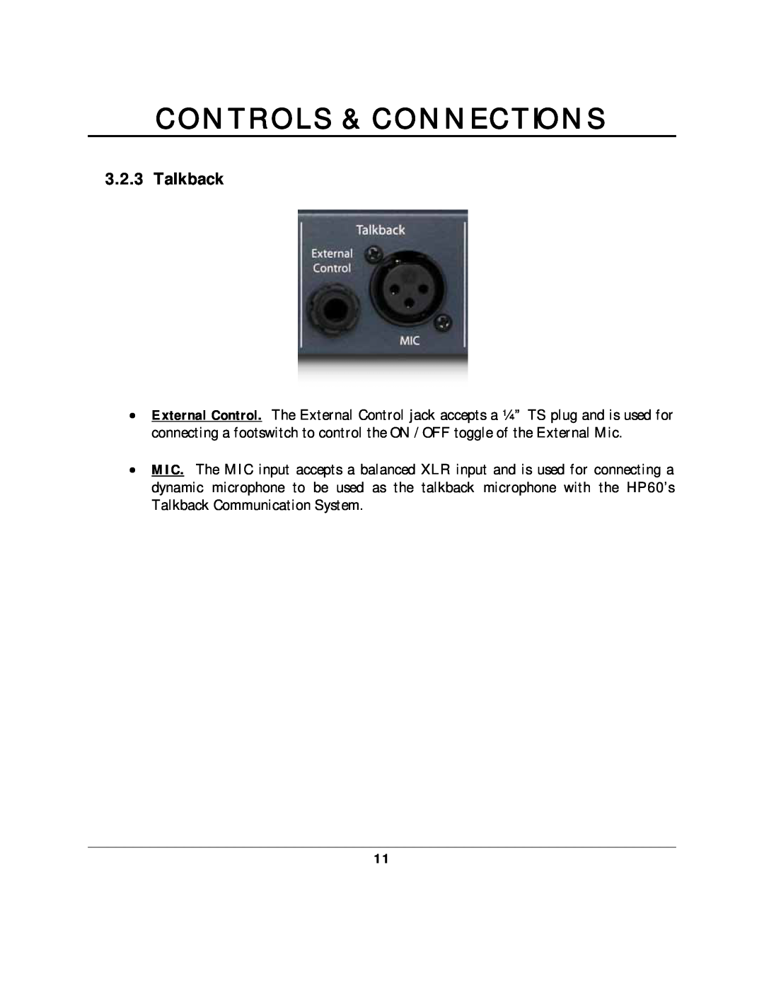 Presonus Audio electronic HP60 manual Talkback, Controls & Connections 