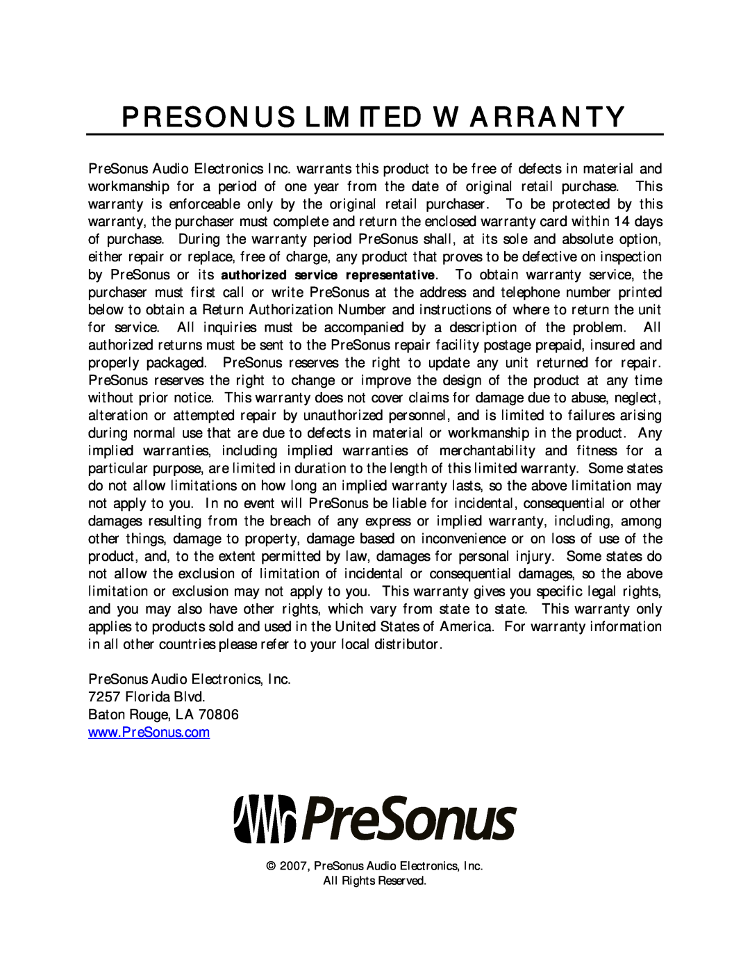 Presonus Audio electronic HP60 manual Presonus Limited Warranty 