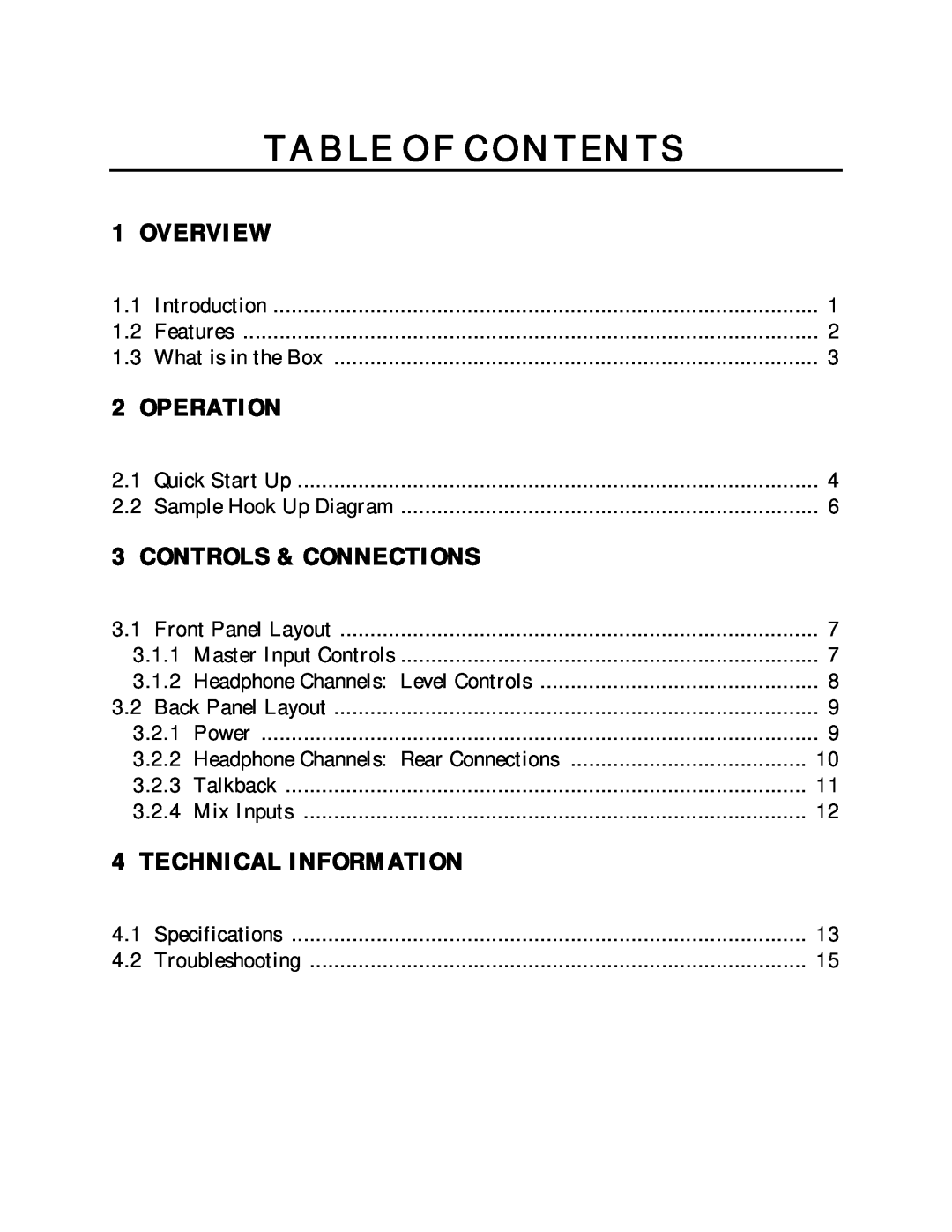 Presonus Audio electronic HP60 manual Table Of Contents, Overview, Operation, Controls & Connections, Technical Information 