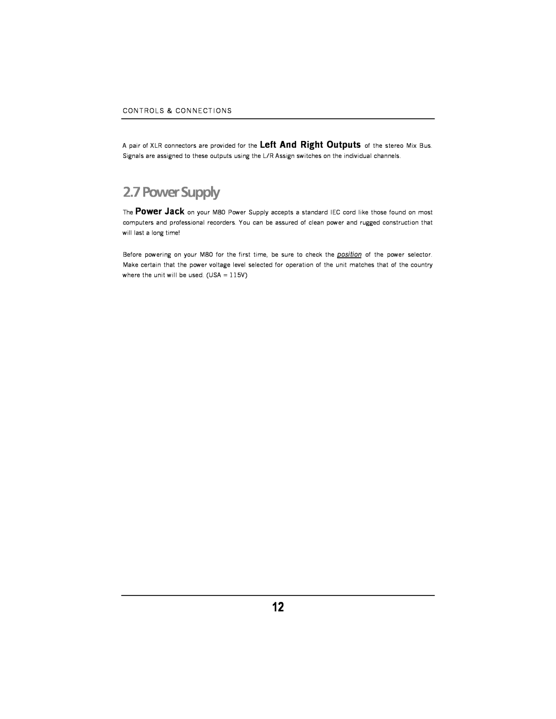 Presonus Audio electronic M80 manual 2.7PowerSupply 