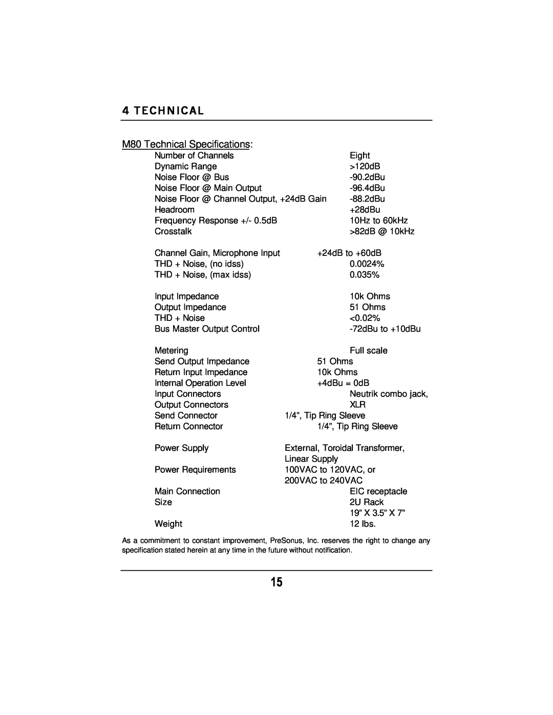 Presonus Audio electronic manual M80 Technical Specifications 