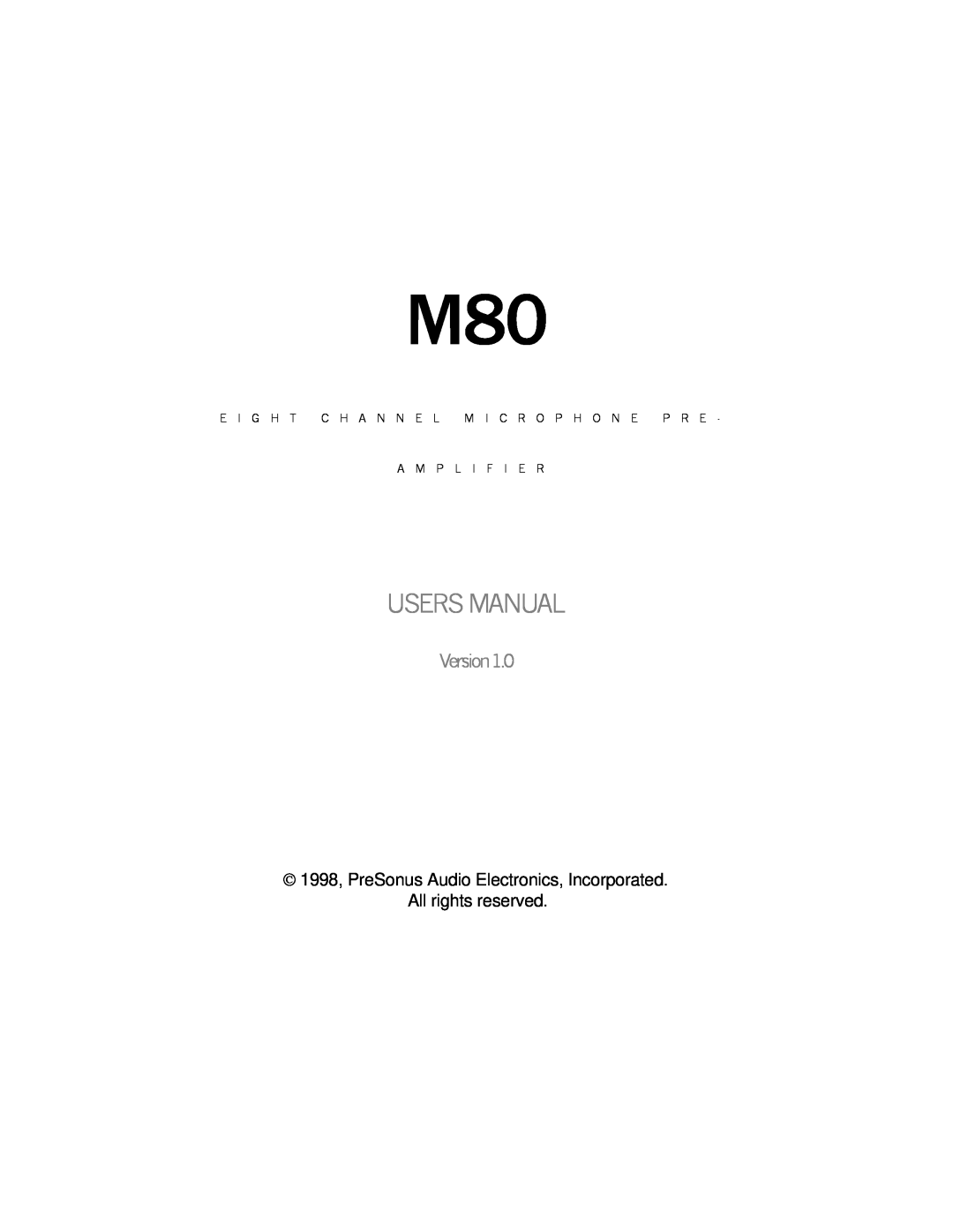 Presonus Audio electronic M80 manual Version1.0 