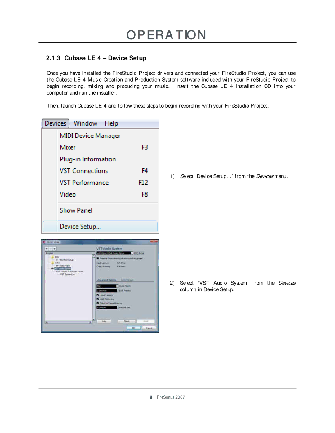 Presonus Audio electronic Microphone Preamplifier user manual Cubase LE 4 Device Setup 