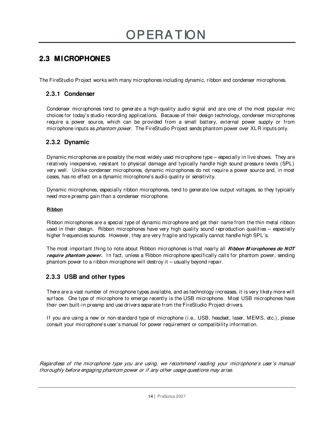 Presonus Audio electronic Microphone Preamplifier user manual Microphones, Condenser, Dynamic, USB and other types, Ribbon 