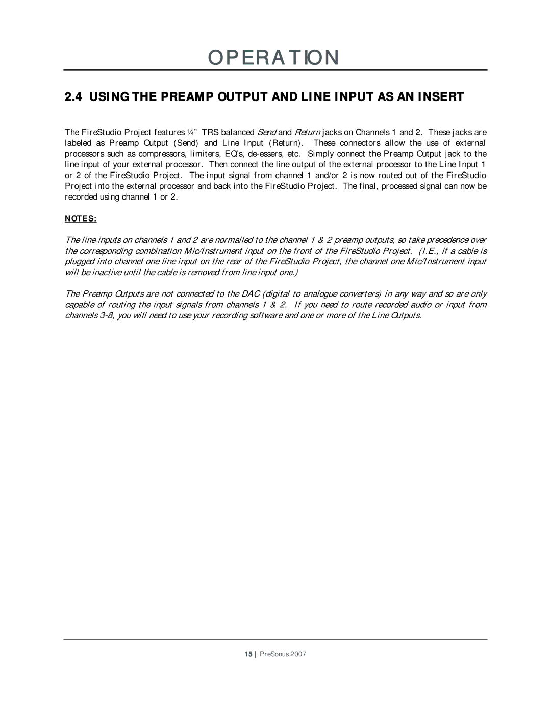 Presonus Audio electronic Microphone Preamplifier user manual Using the Preamp Output and Line Input AS AN Insert 