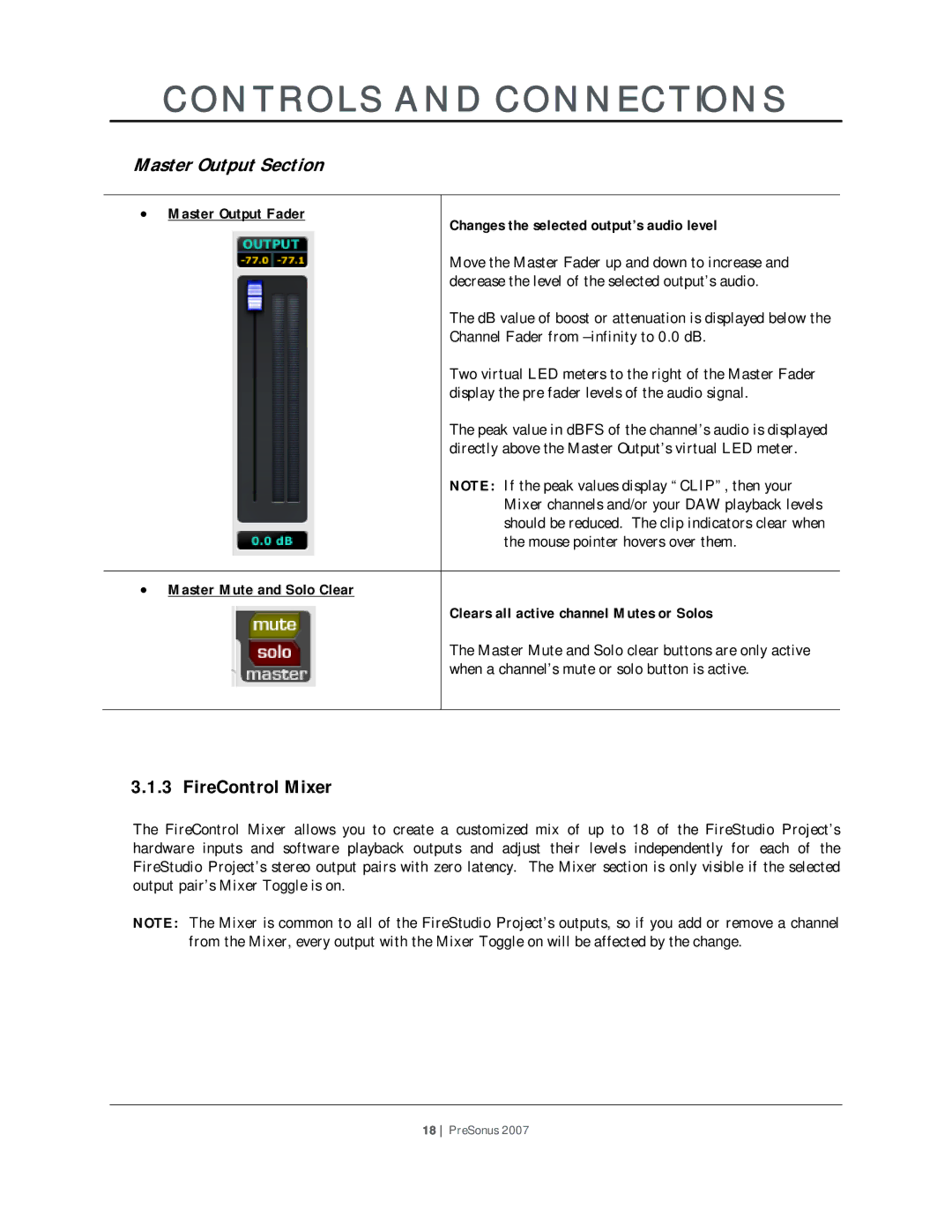 Presonus Audio electronic Microphone Preamplifier user manual Master Output Section, FireControl Mixer 