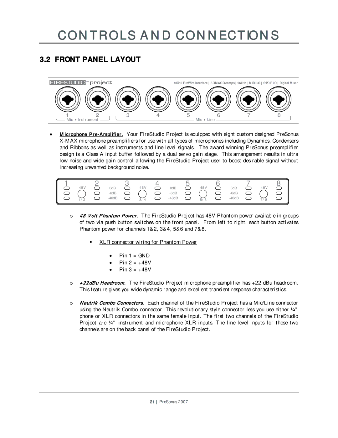 Presonus Audio electronic Microphone Preamplifier user manual Front Panel Layout, Firestudio 