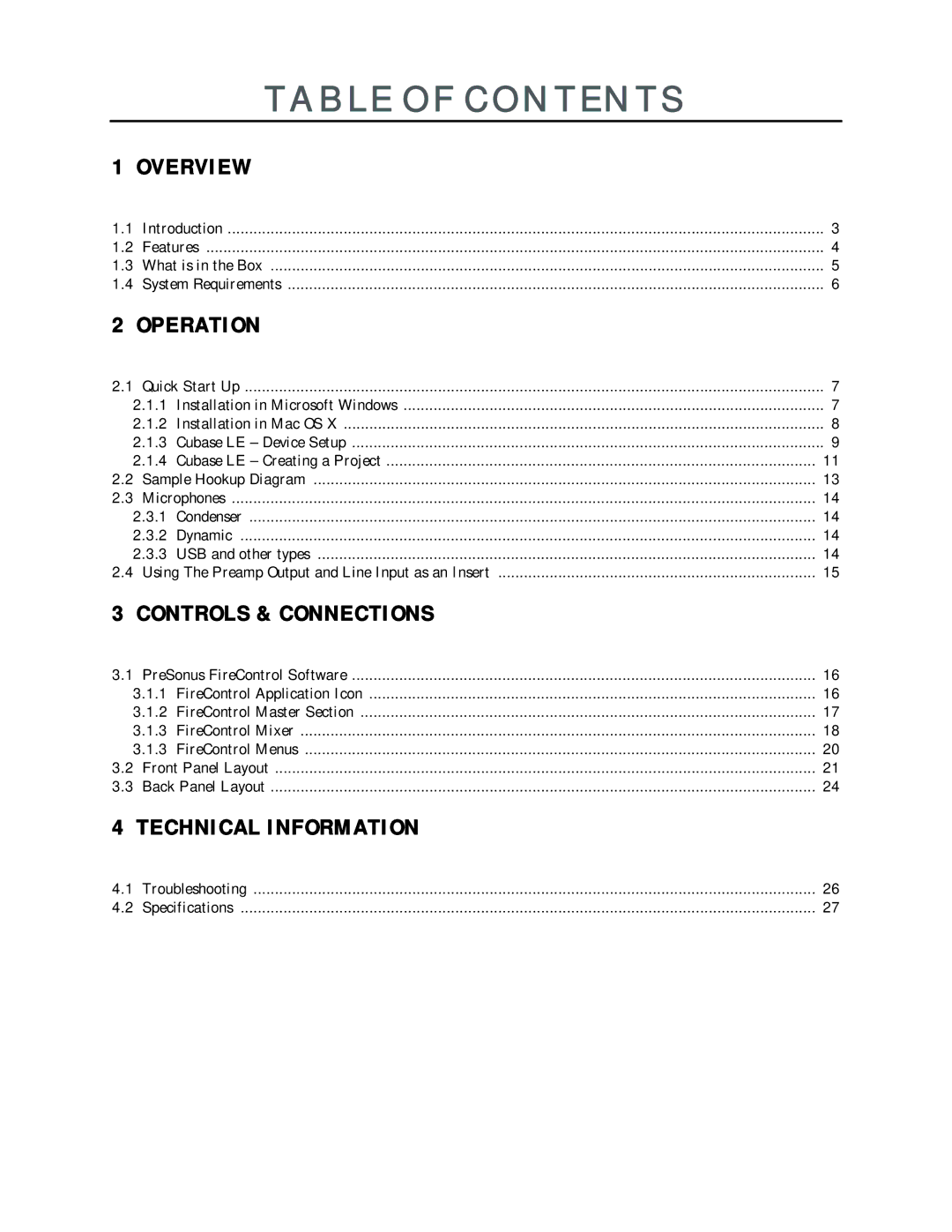 Presonus Audio electronic Microphone Preamplifier user manual Table of Contents 