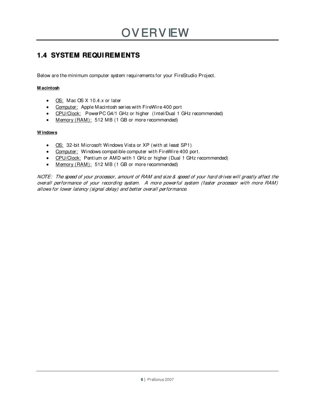 Presonus Audio electronic Microphone Preamplifier user manual System Requirements, Macintosh, Windows 