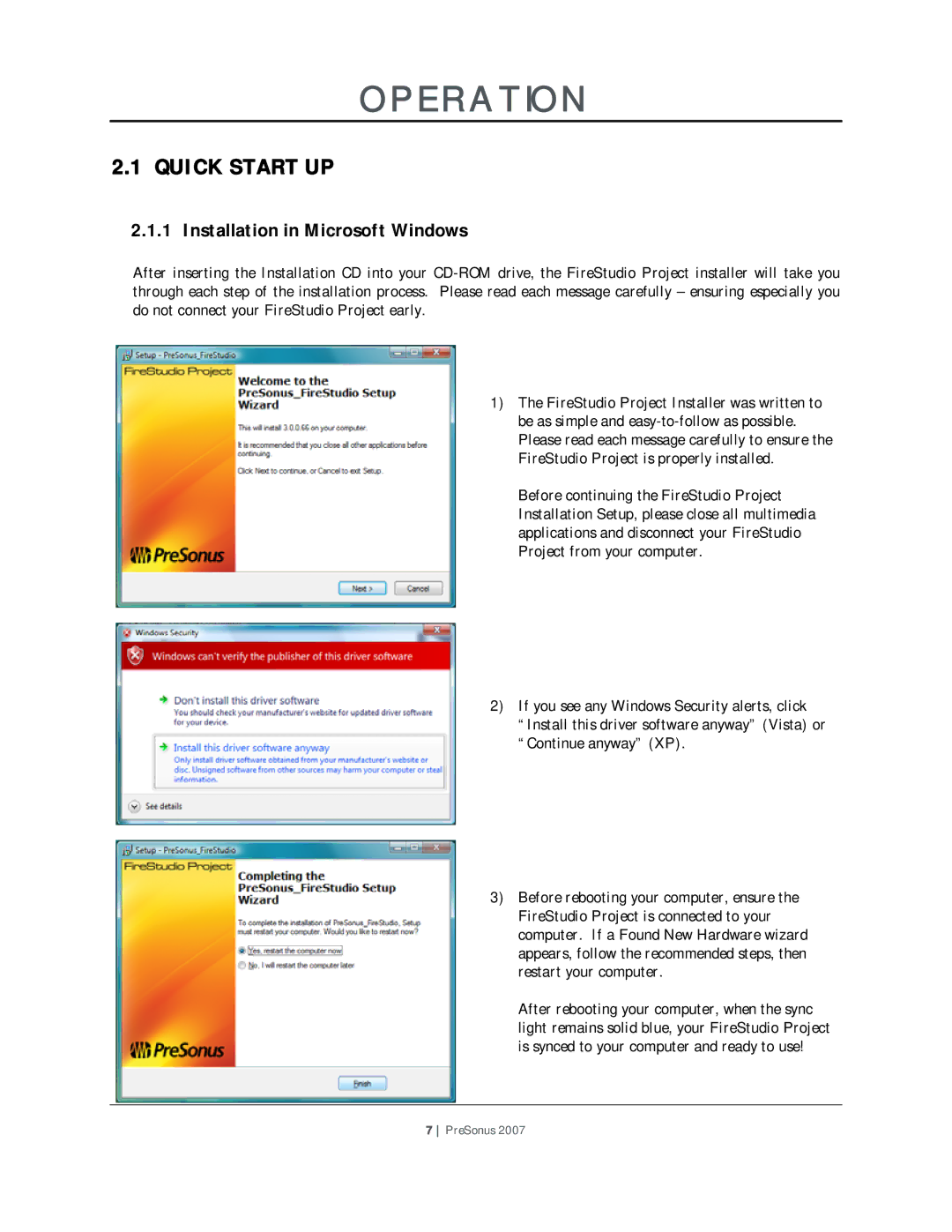 Presonus Audio electronic Microphone Preamplifier user manual Operation, Quick Start UP, Installation in Microsoft Windows 